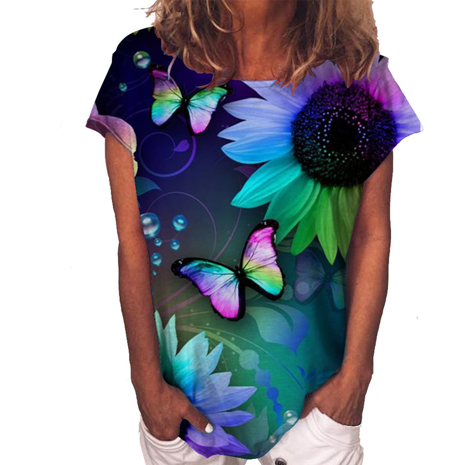 Women's Vintage Floral Print Casual Blouse - Loose Flowy Tunic Tee Shirt with Round Neck, Short Sleeve, Plus Size for Summer | Perfect for Beach Outings, Date Nights & Boho Style Outfits