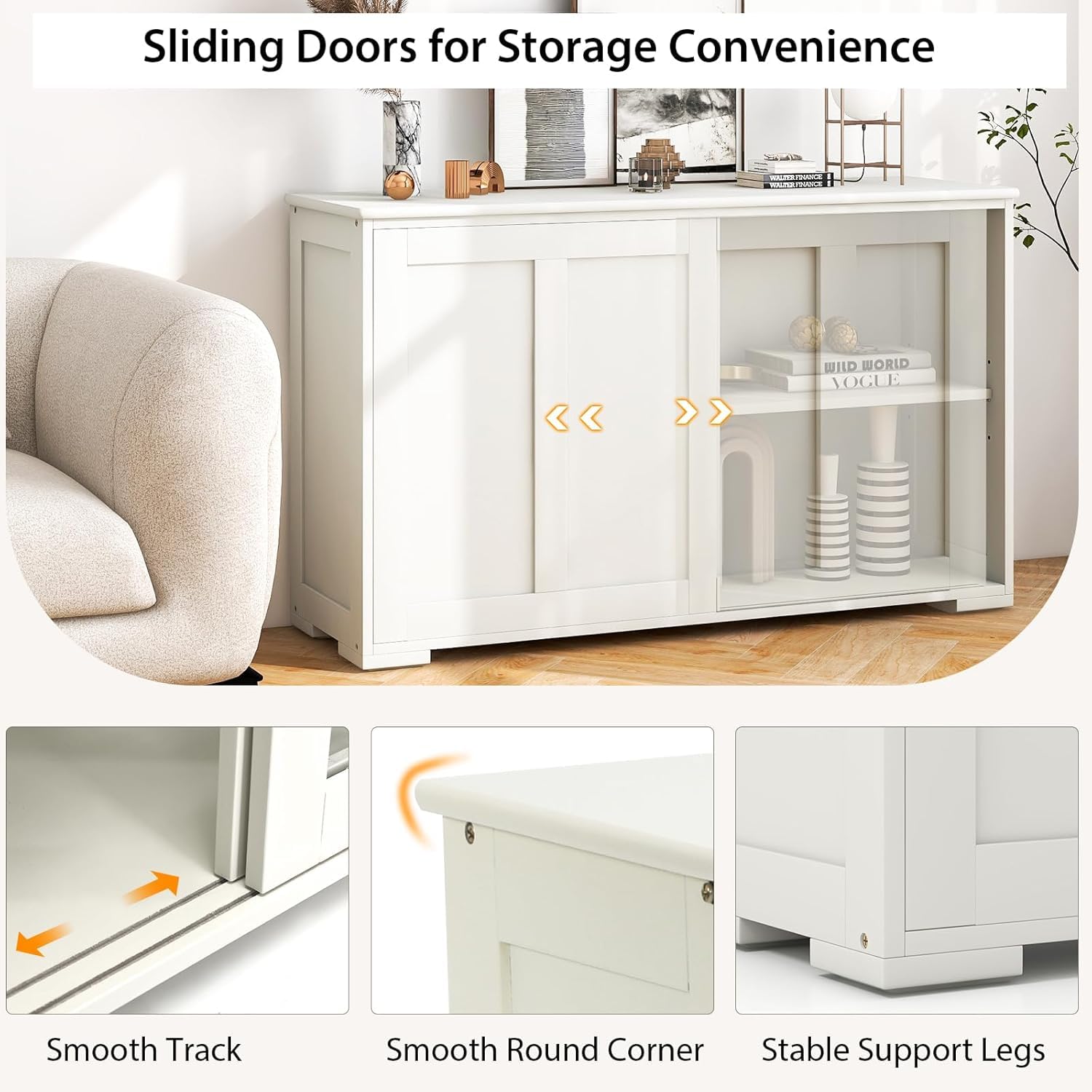 GLACER Buffet Cabinet with Adjustable Shelves & 2 Sliding Doors - Stackable Kitchen Storage Cabinet, Coffee Bar Console, Sideboard for Dining Room, Living Room, Entryway & Hallway - Perfect for Home Organization & Entertaining (White)