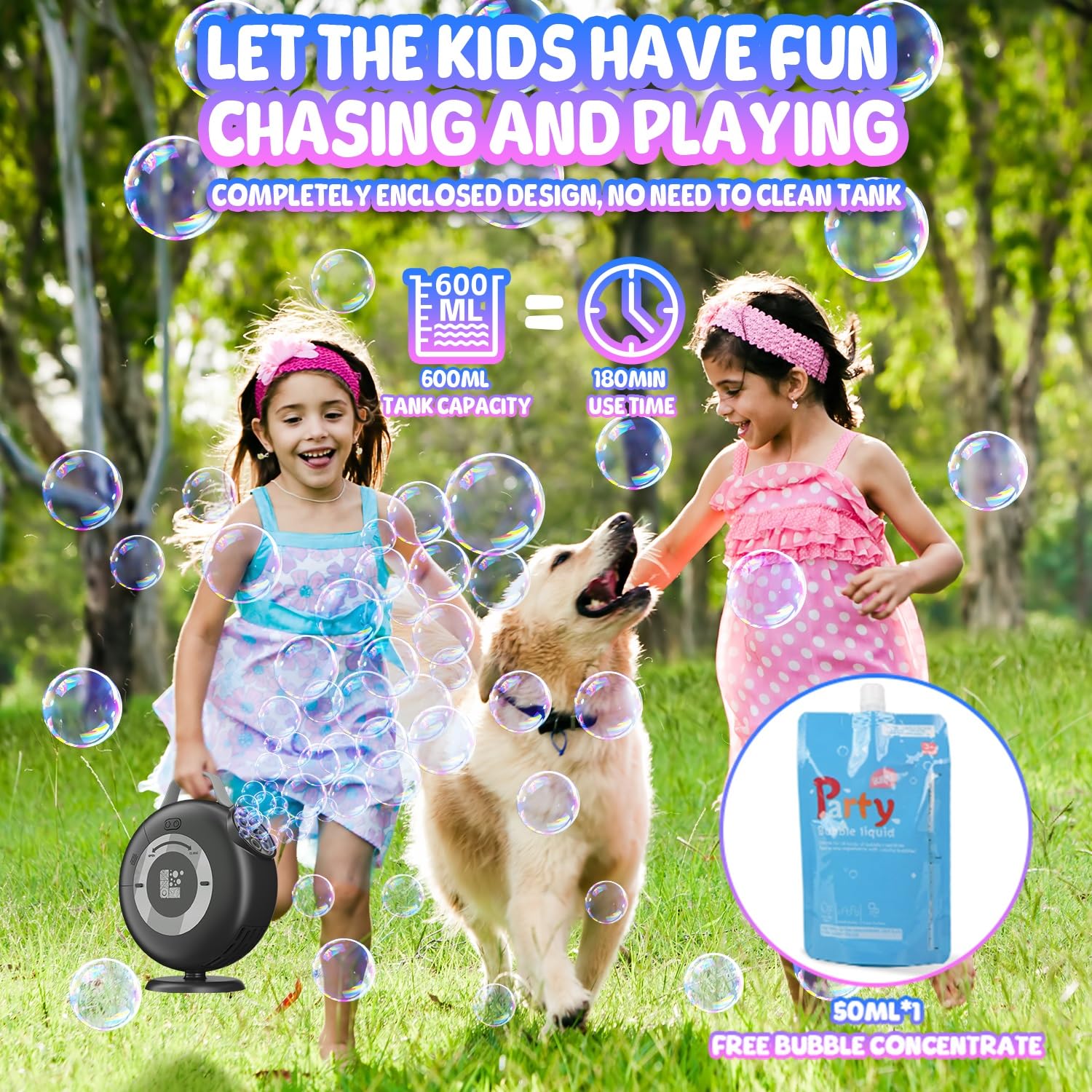 Automatic Bubble Blower Machine for Kids - 8000+ Bubbles Per Minute, 90°-200° Adjustable Oscillation, Electric Plug-in or Battery Powered Bubble Maker Toy for Outdoor Birthday Parties, Garden Play & Summer Fun - Black