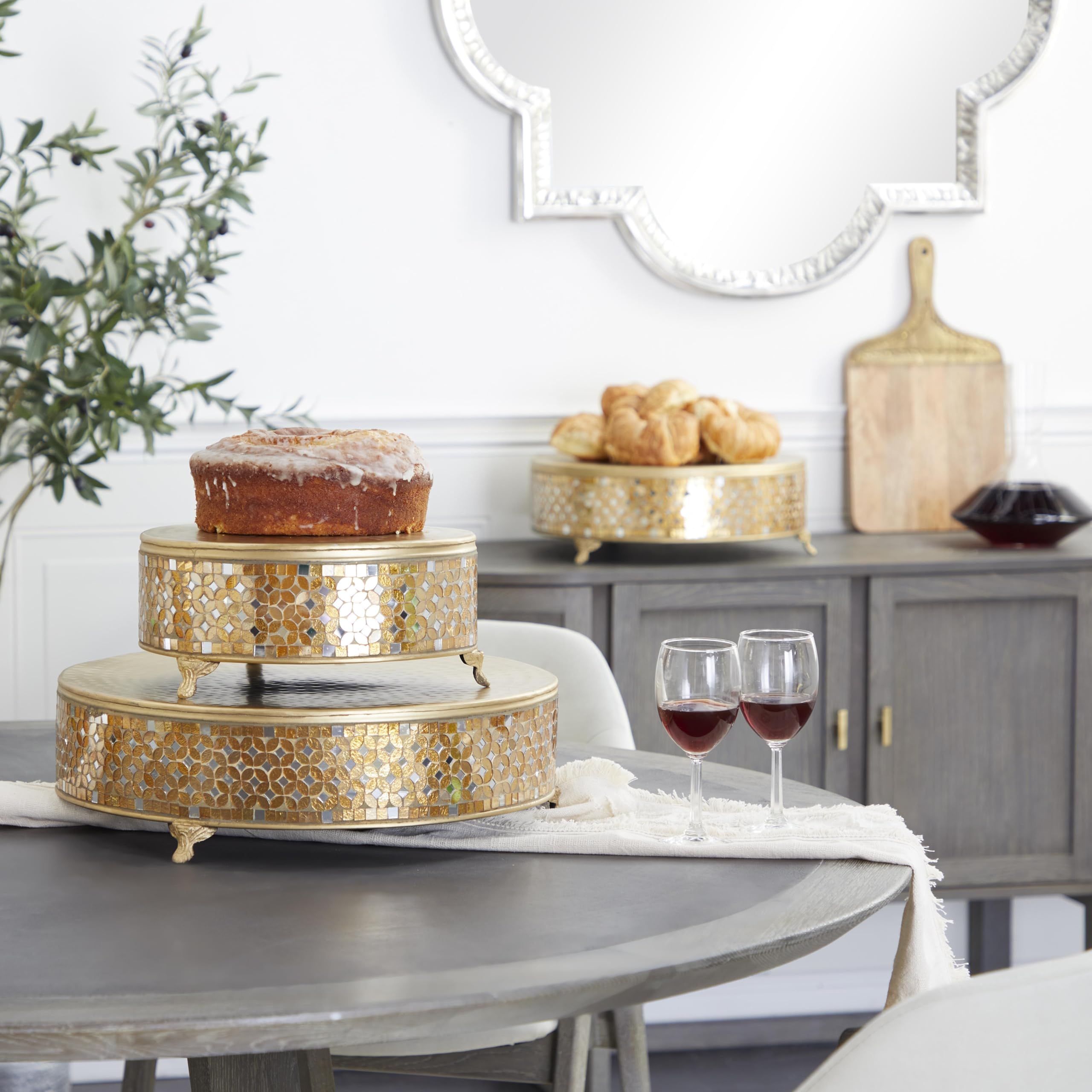 Deco 79 3-Tier Gold Metal Cake Stand Set with Mirrored Mosaic Patterns & Scrolled Feet - 19