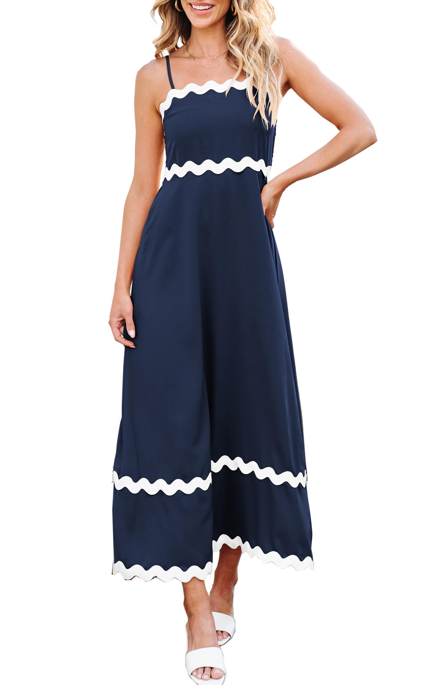 Angashion Women's Summer Maxi Dress - Casual Spaghetti Strap Backless Flowy Long Beach Sundress with RIC Rac Trim | Perfect for Beach Vacations, Pool Parties and Summer Outings