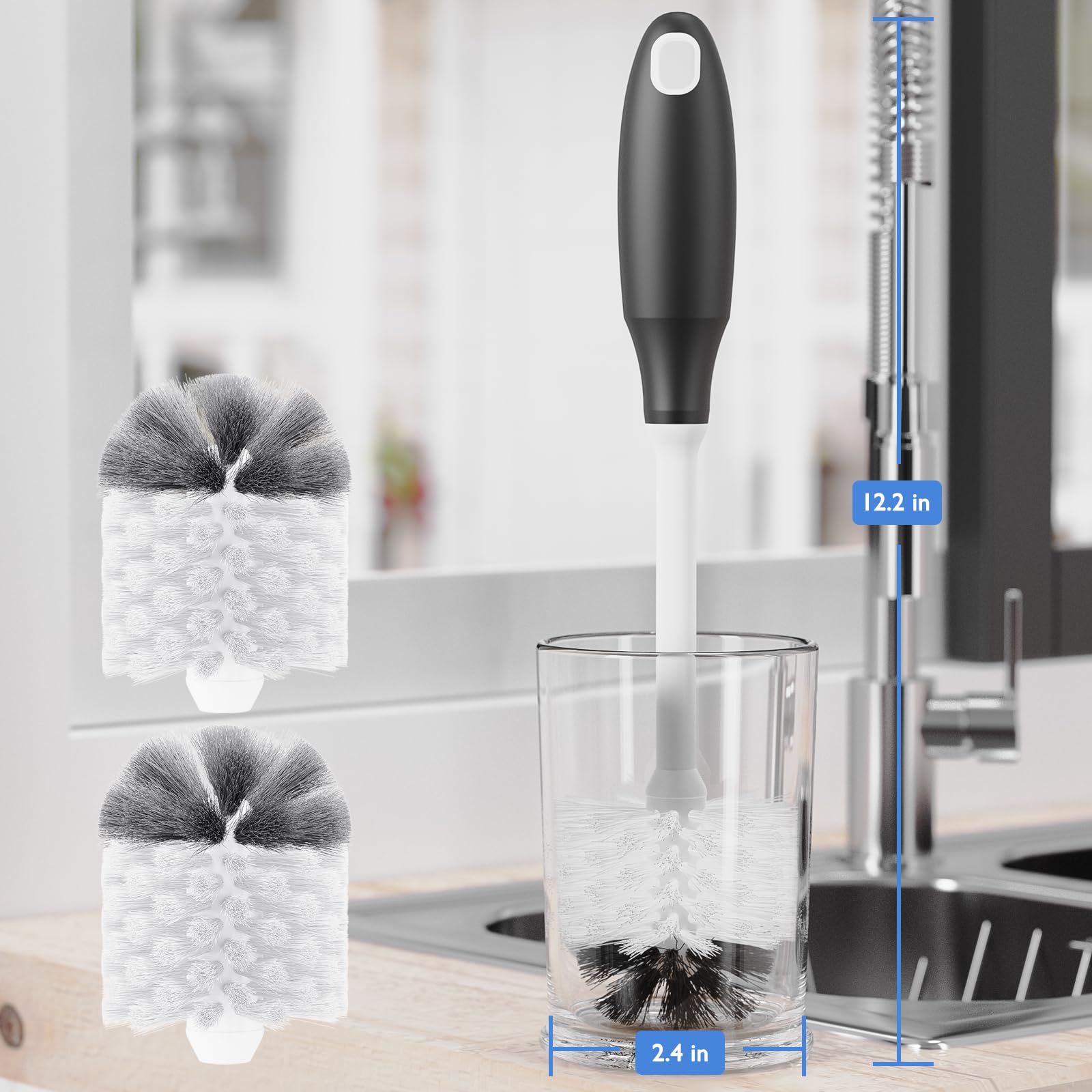 **Baby Bottle Brush Cleaner with Long Handle & Replaceable Head - 2 Pack Black - Perfect for Washing Bottles, Cups, and Glasses - Ideal for Nurseries, Kitchens, and Travel**