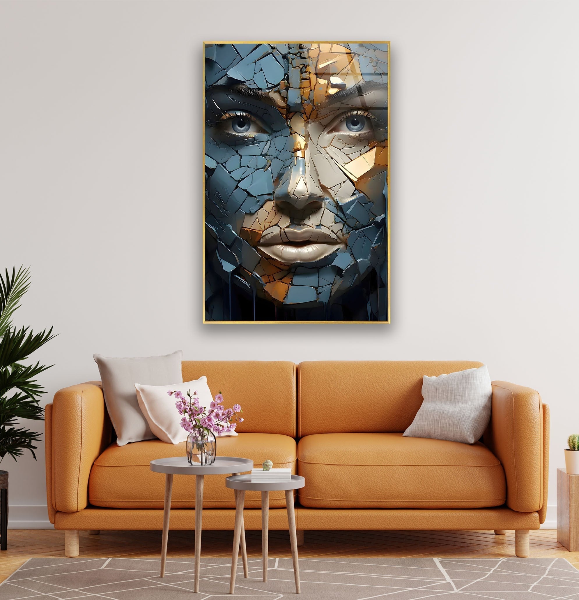 Blue Cracked Design Woman Glass Wall Art - Elegant Home Decor for Living Room, Bedroom & Office - Perfect Gift Idea