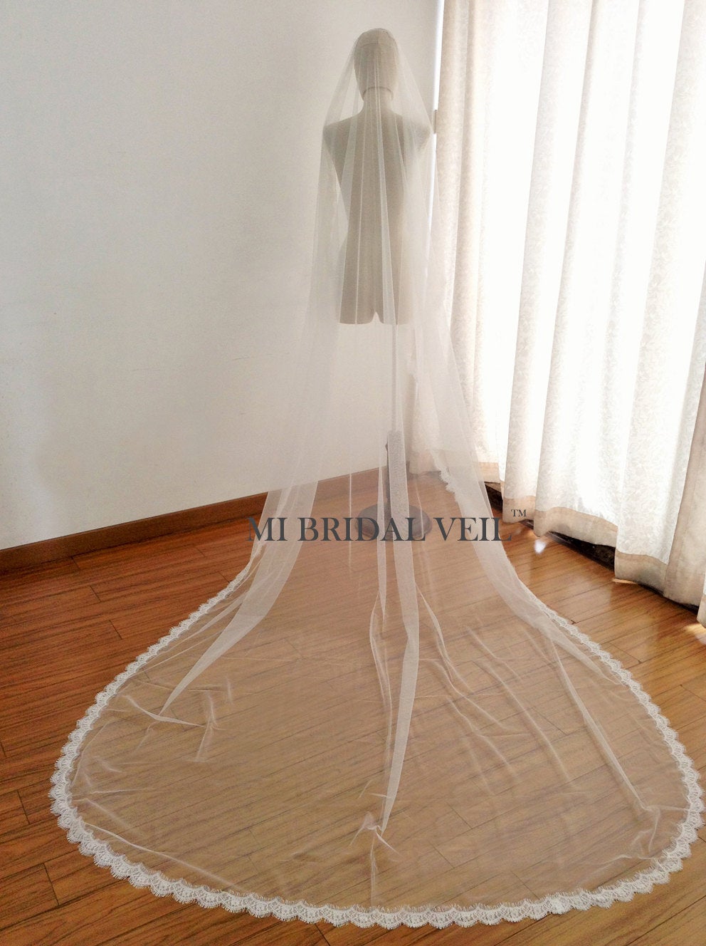 Elegant Cathedral Wedding Veil with Small Eyelash Chantilly Boho Lace - Perfect for Bridal, Boho & Vintage Weddings - Mi Bridal Collection