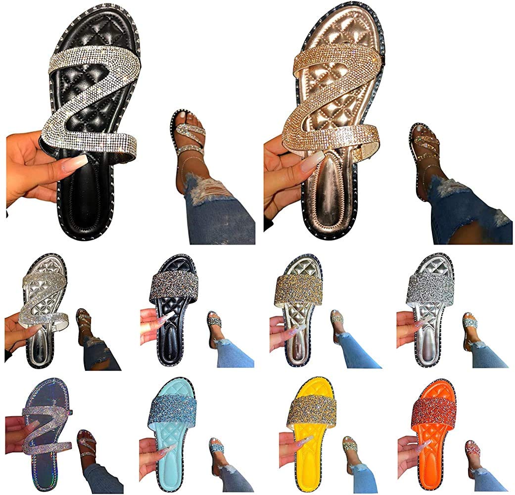 VARWANEO Women's Rhinestone Slippers - Sparkling Casual Flat Sandals for Women - Comfortable Round Toe Beach Slides - Perfect for Poolside, Vacation & Summer Outfits