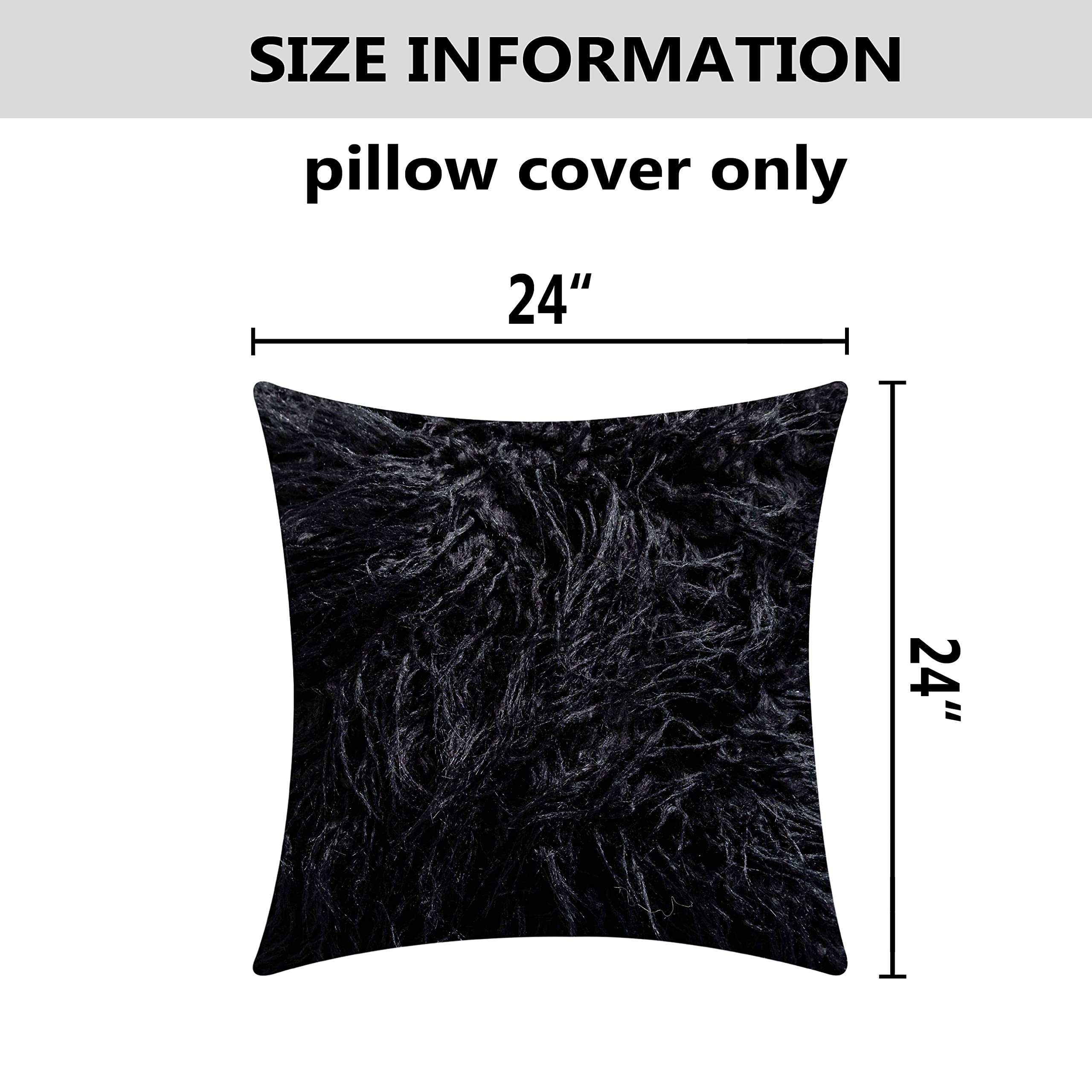 Premium 24x24 Inch Faux Fur Pillow Covers (2-Pack) - Soft Shaggy Decorative Throw Pillow Covers for Sofa, Bed & Outdoor Patio - Black Euro Sham (60cm) - Perfect for Living Room Decor, Garden Furniture & Cozy Home Accents