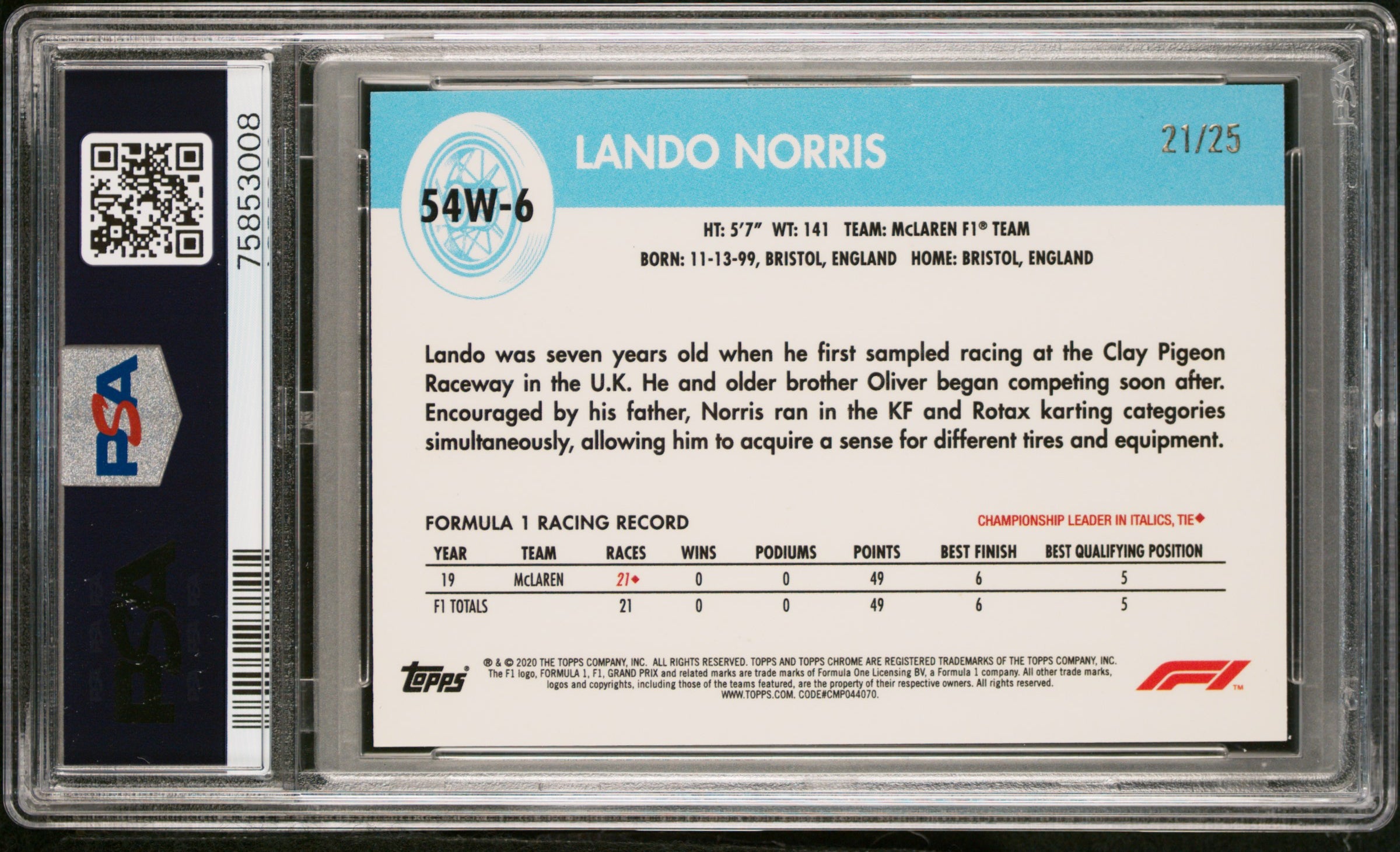 2020 Topps Chrome F1 Lando Norris #6 Orange Rookie Card PSA 9 21/25 - Collectible Racing Memorabilia for F1 Fans & Sports Card Enthusiasts