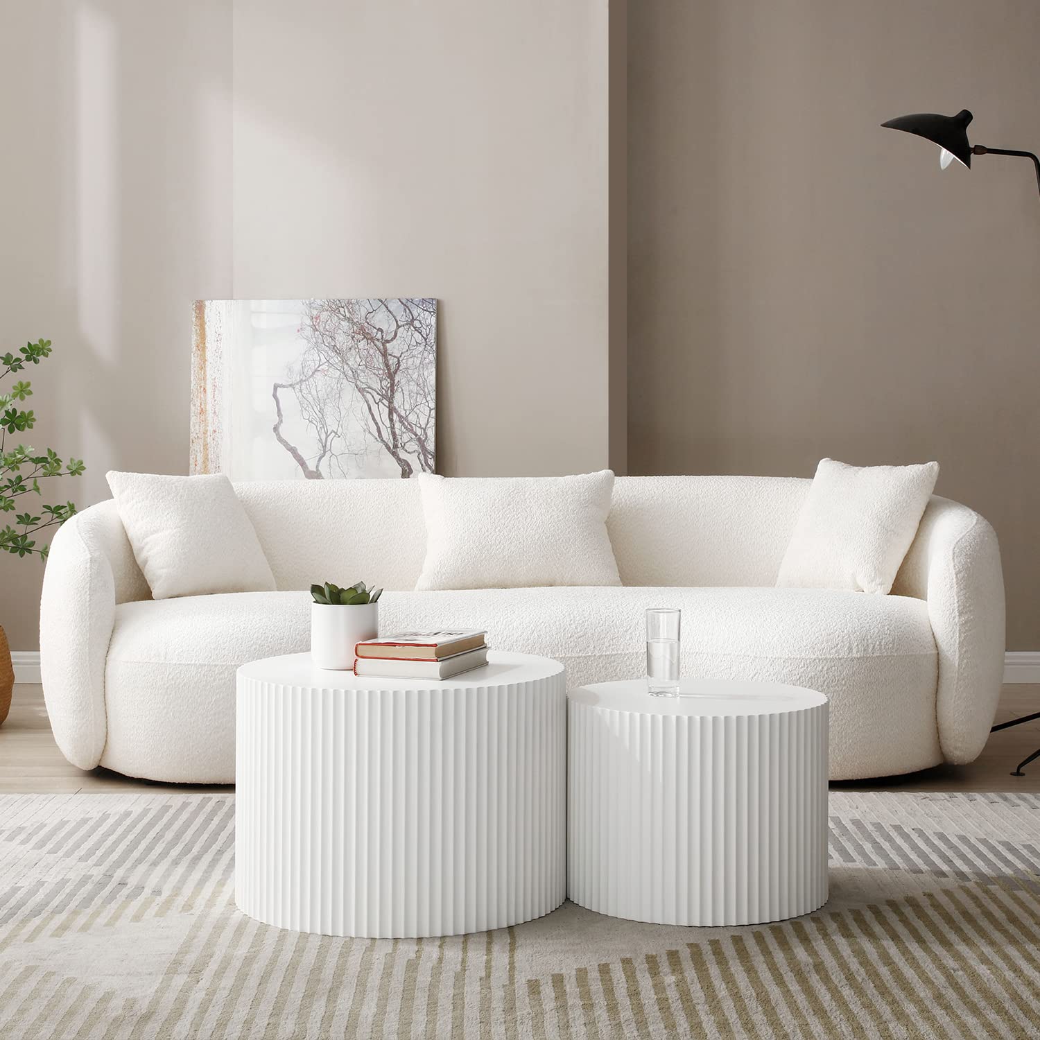 Kevinplus White Round Nesting Coffee Table Set of 2 - Modern Drum Side & End Tables for Living Room - Wood Circle Embossed Design - Contemporary Matte White Coffee Table Set - Perfect for Small Spaces, Apartments & Cozy Living Rooms