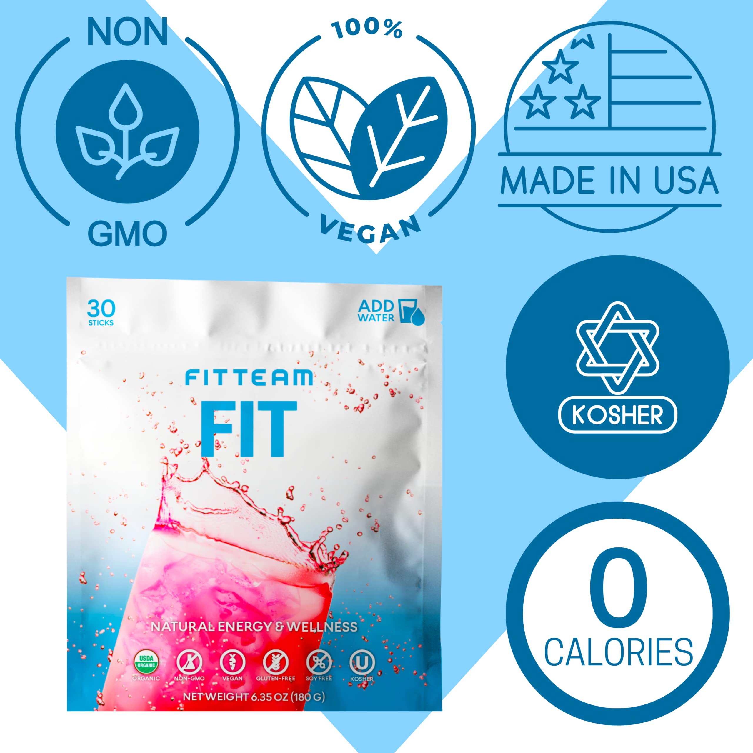 FITTEAM Organic Energy Drink Mix Sticks - Boost Mental Focus, Energy & Metabolism with Antioxidants - Mood Support Wellness Beverage - 30 Individually Wrapped Packets - Perfect for Workouts, Office & Travel Energy Boost