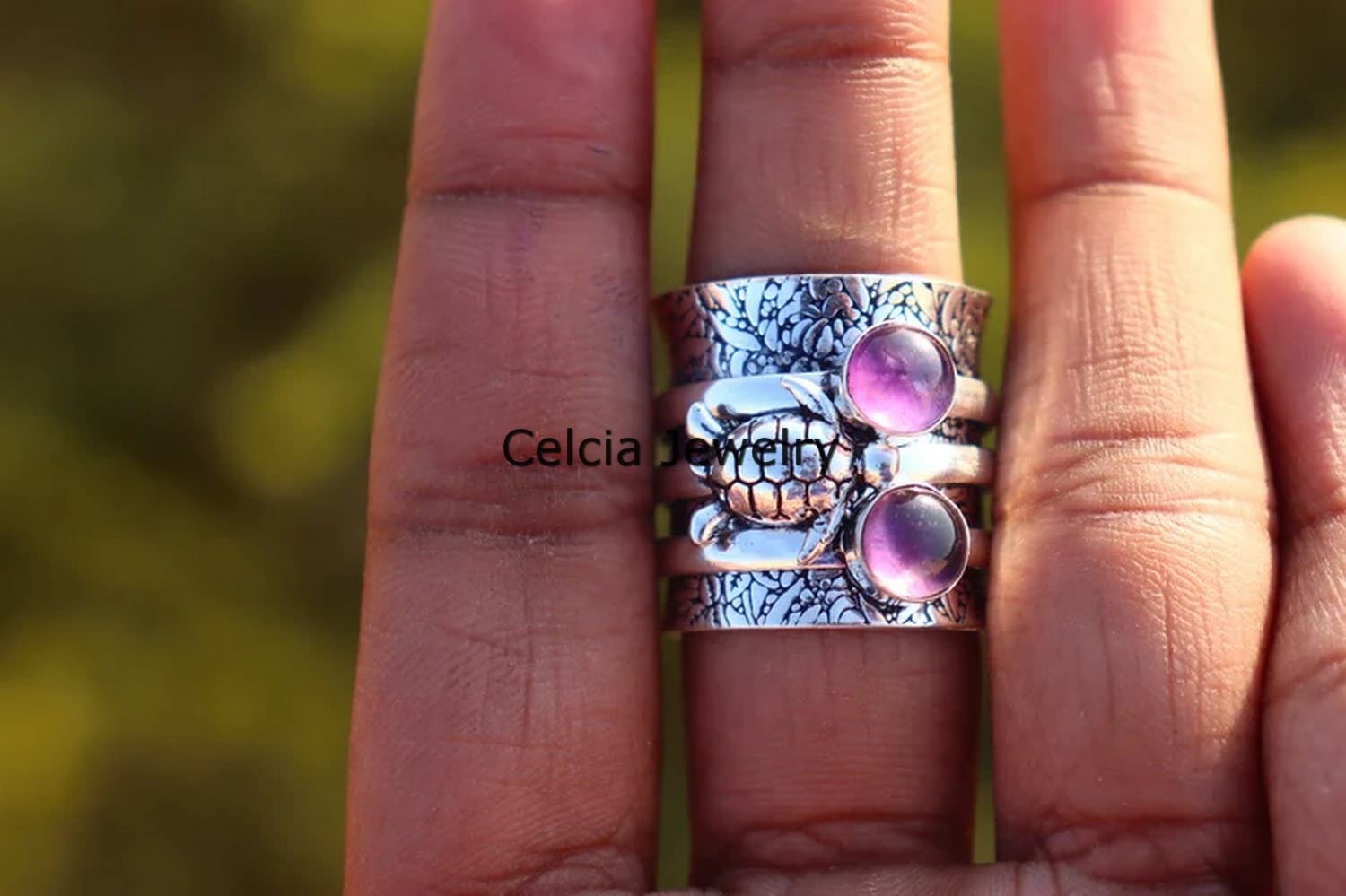 Amethyst Round Gemstone Turtle Spinner Ring - Handmade Meditation Spinning Ring for Stress Relief, Unique Animal Jewelry Gift for Women Men (February Birthstone, Size 7) - Perfect for Yoga, Mindfulness & Spiritual Healing