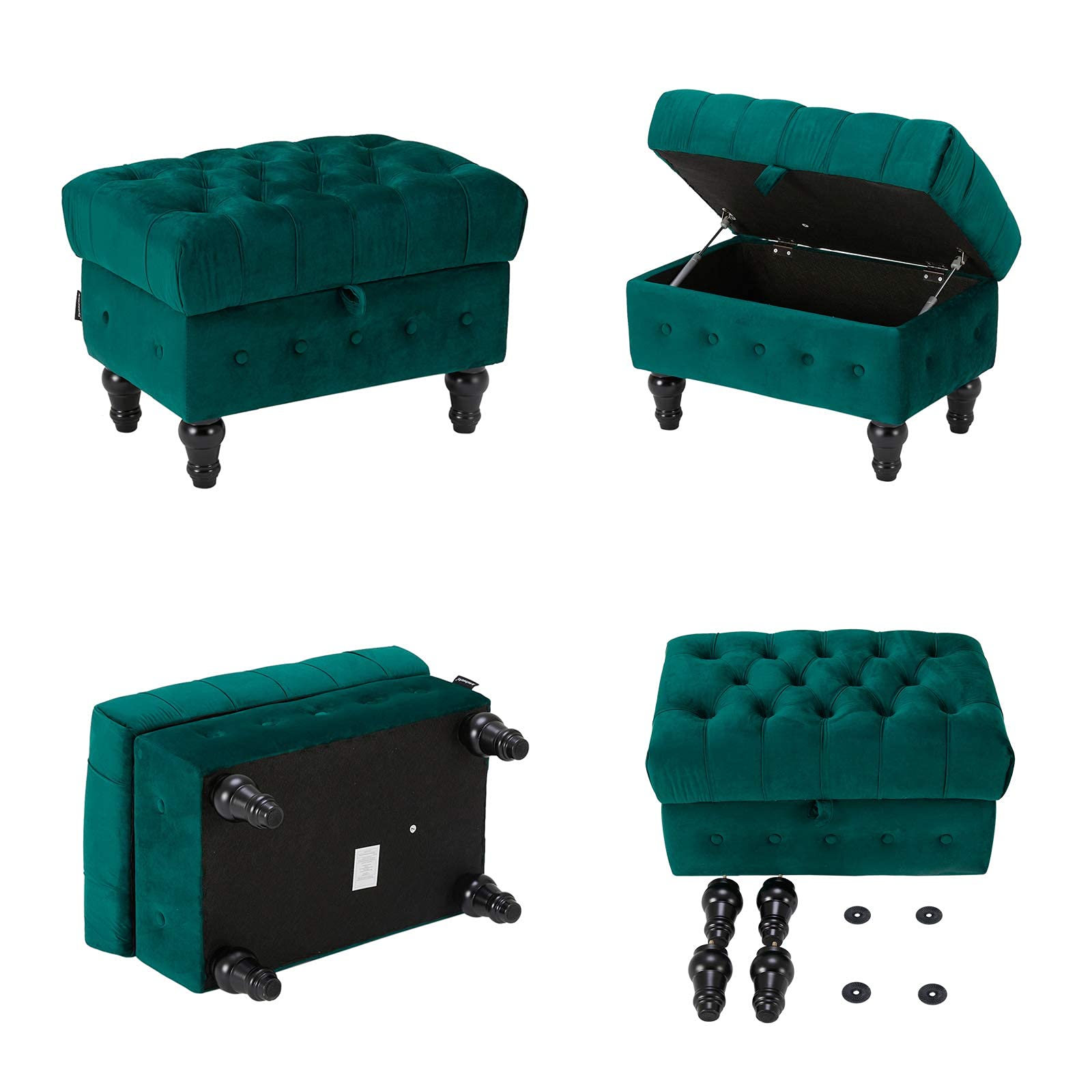 Artechworks Velvet Button Tufted Storage Ottoman - Green Upholstered Footstool with Hidden Storage for Living Room, Bedroom & Home Office | Multi-Functional Coffee Table Stool, Toy Box & Space-Saving Furniture | Perfect for Small Spaces, Reading Nooks & Nursery Organization