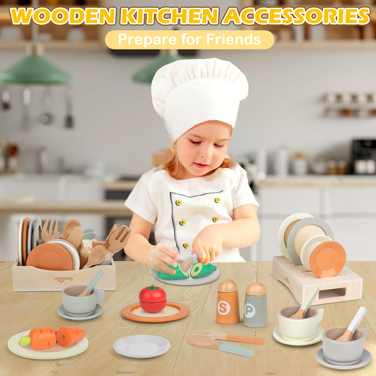 27 PCS Wooden Play Kitchen Set for Kids - Eco-Friendly Dishes & Plates Accessories, Pretend Cooking Toys for Toddlers 2-4 Years, Perfect for Girls & Boys - Ideal for Home, Preschool & Montessori Play