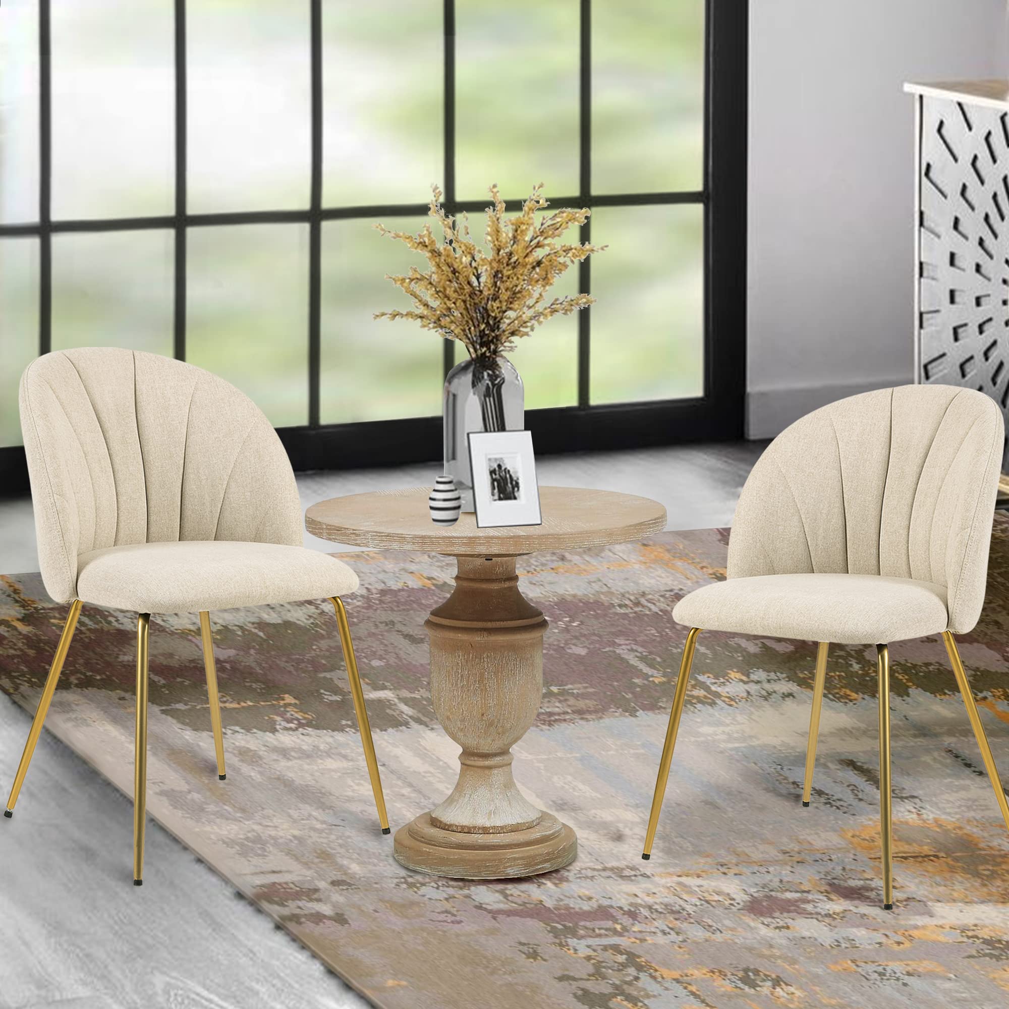 LEEJAY 32 Inch Mid Century Modern Dining Chairs - Set of 4 Beige Fabric Upholstered Accent Chairs with Gold Metal Legs for Kitchen, Living Room & Dining Room | Comfortable Seating for Family Meals & Entertaining Guests