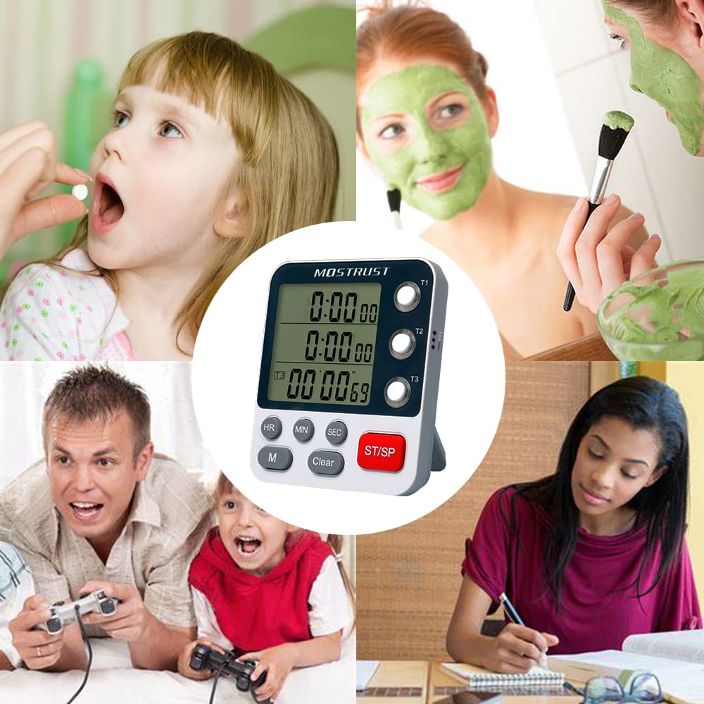 Digital Dual Kitchen Timer with 3 Channels - Count Up/Down Triple Cooking Timer for Baking, Memory Presets, Magnetic Back & Large Display - Adjustable Alarm Volume for Multi Time Management - Perfect for Baking, Cooking, Meal Prep & Kitchen Organization