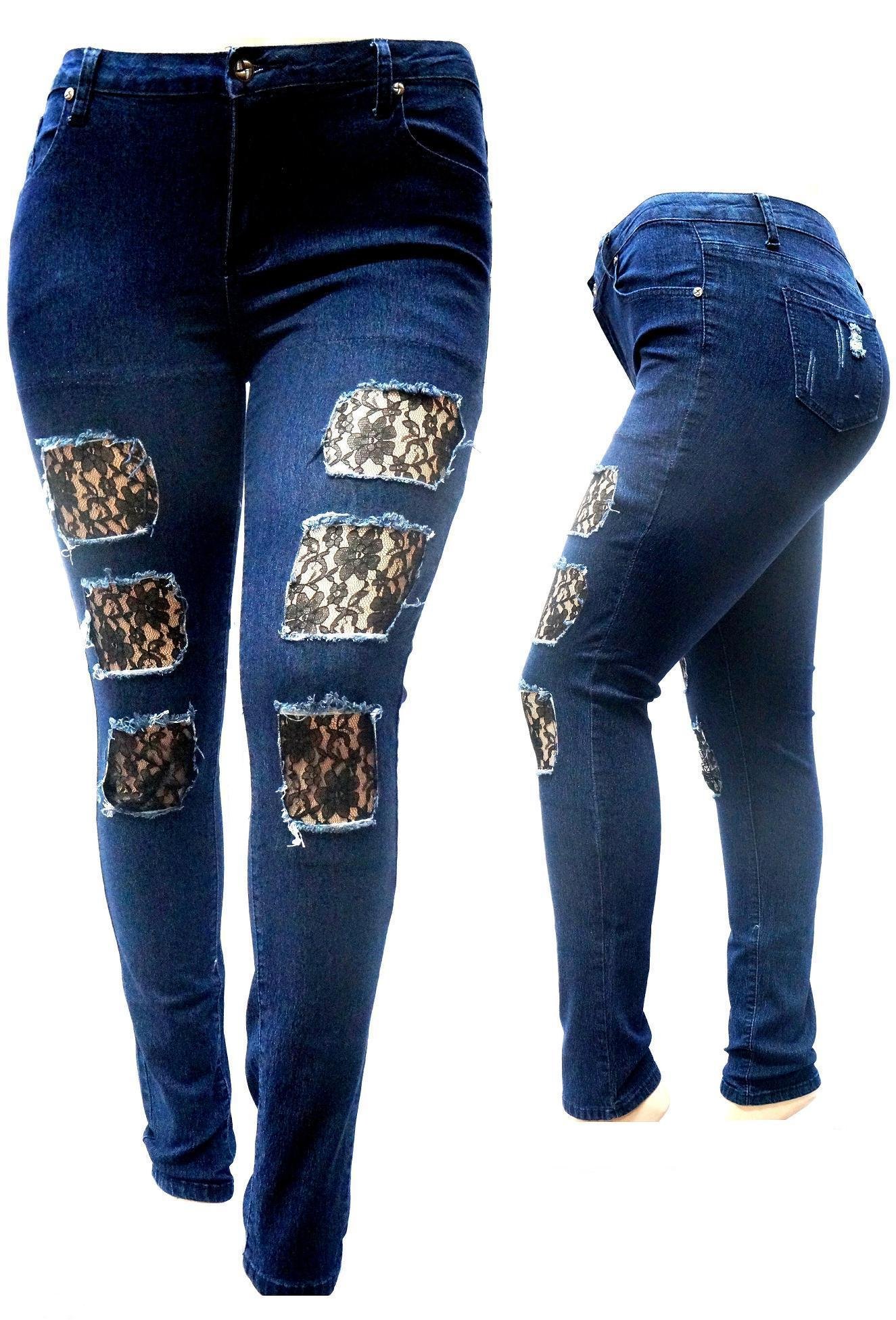 Plus Size Women's Dark Blue Distressed Ripped Skinny Jeans - Stretch Denim Pants with Fishnet Design for Casual Wear & Night Out