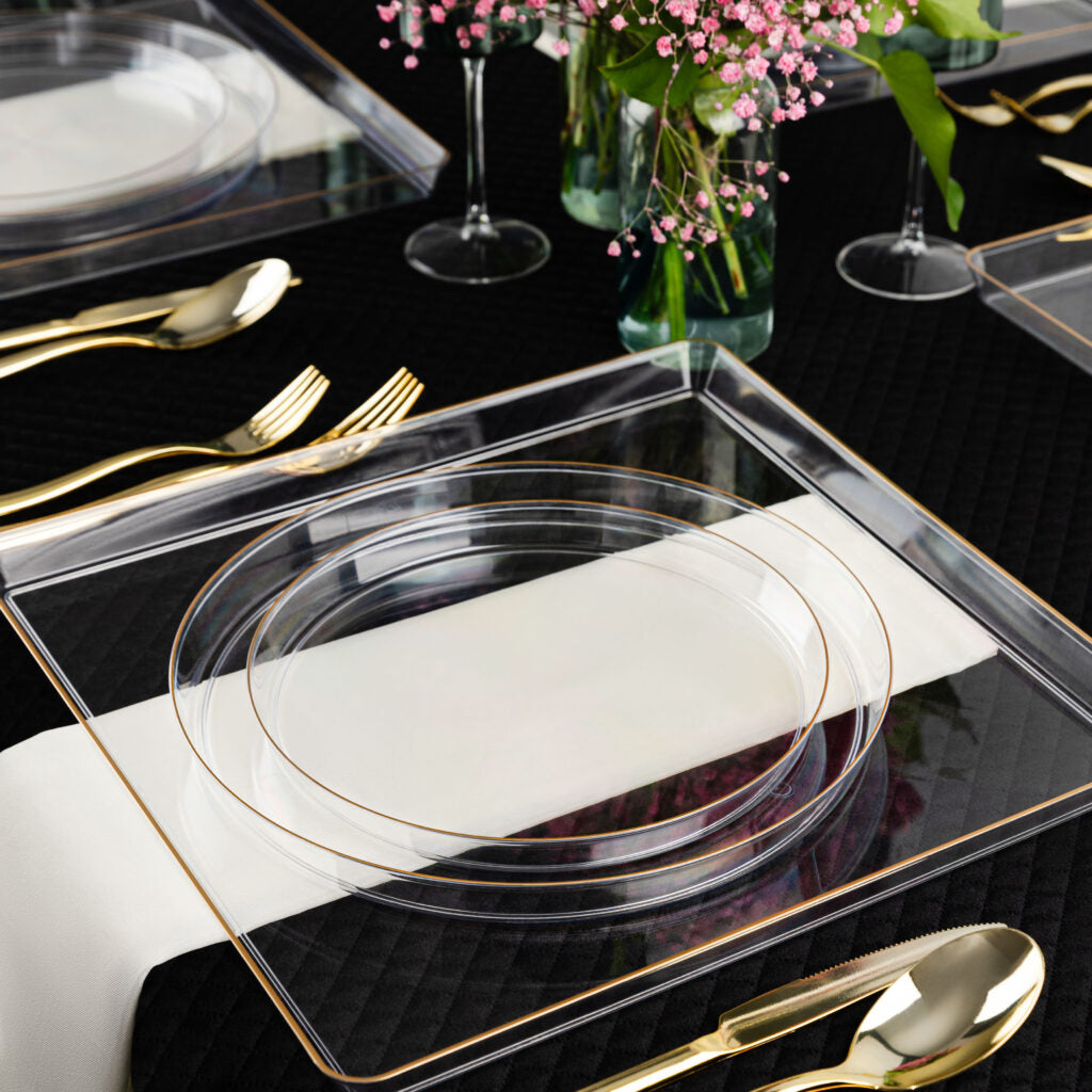 Clear and Gold Rim Round Plastic Plates (10 Pack) - Elegant Disposable Dinnerware for Parties, Weddings & Events - Durable & Stylish Tableware for Home, Restaurant & Catering Use
