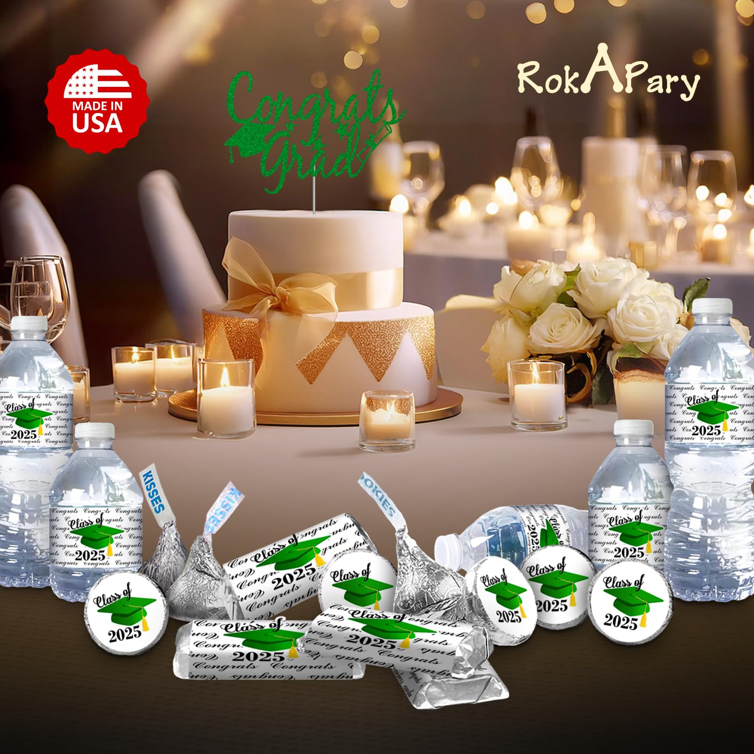 60pcs Class of 2025 Graduation Cap Mini Candy Bar Wrappers - Green DIY Chocolate Bar Stickers & Labels (Candy Not Included) | Made in USA | Perfect for Graduation Parties, School Events & Celebration Favors