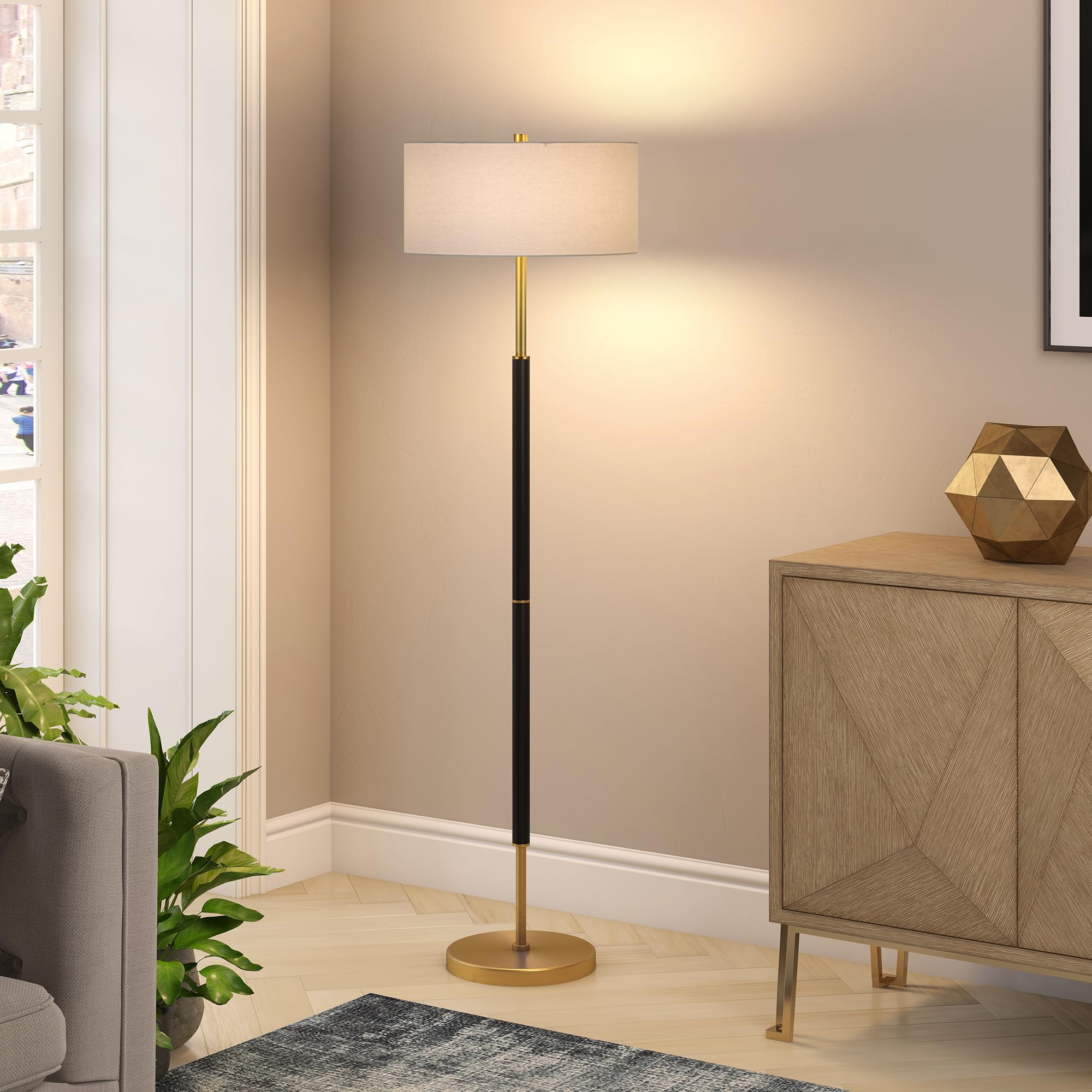 Henn&Hart 2-Light Modern Floor Lamp with Fabric Shade - Matte Black/Brass/White Finish - 61