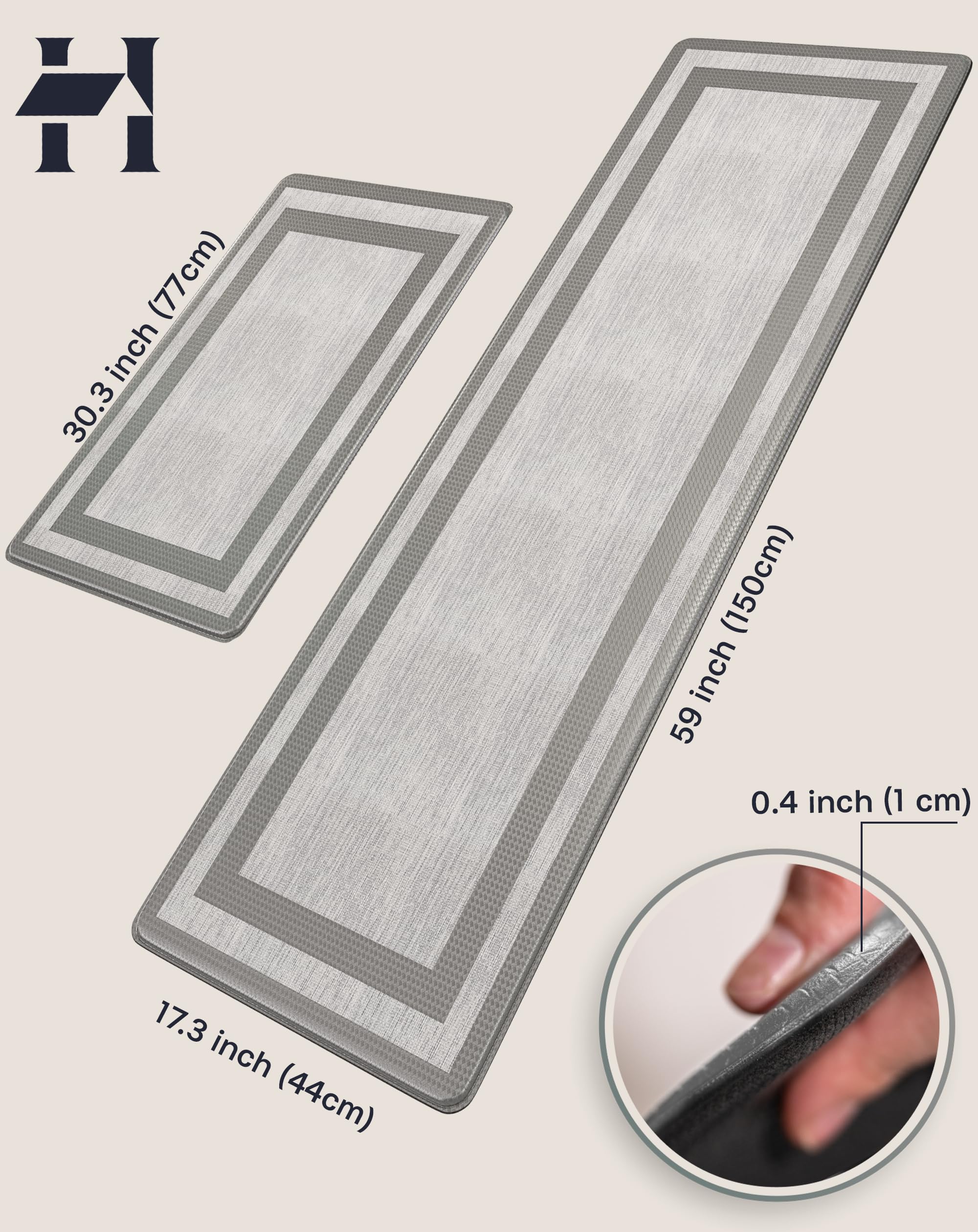 Homergy Anti-Fatigue Kitchen Mats - 2 Pack Memory Foam Standing Mats for Office, Home & Laundry Room - Waterproof, Ergonomic Floor Cushion (17.3×30.3 & 17.3×59 Inches, Grey) - Perfect for Cooking, Dishwashing & Long Work Hours