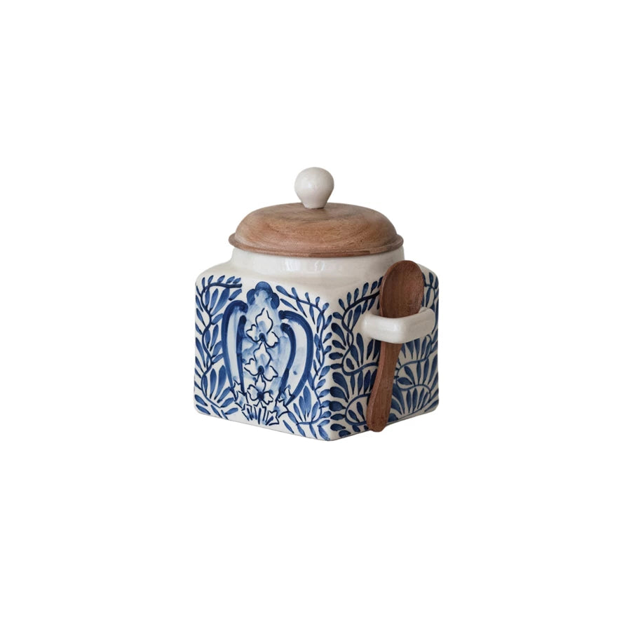 Premium Blue & White Ceramic Canister Set with Wooden Spoon - Airtight Kitchen Storage for Flour, Sugar, Coffee & Tea - Perfect for Pantry Organization & Home Decor