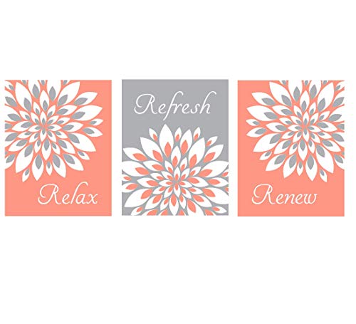 Floral Bathroom Wall Art Prints - Set of 3 Coral Dahlia & Mum Flower Paintings for Spa Decor, Relaxing Bathroom Decorations | Perfect for Home Spa, Guest Bathroom & Meditation Space