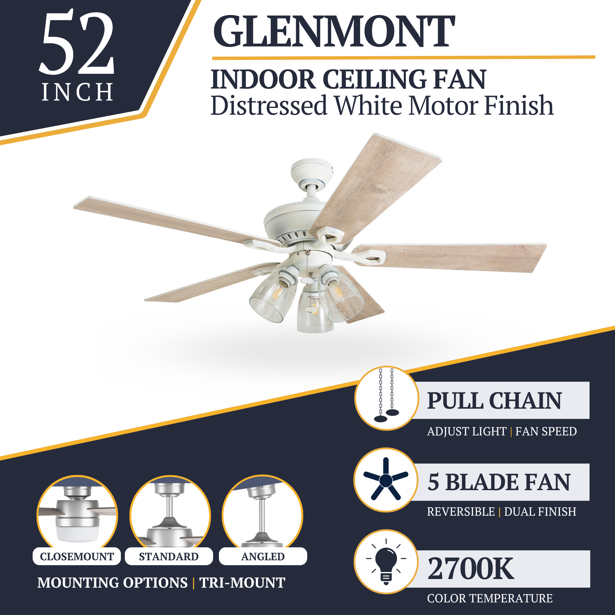 52 Inch Glenmont Distressed White Ceiling Fan with Pull Chain - Perfect for Living Room, Bedroom, and Outdoor Patio Cooling