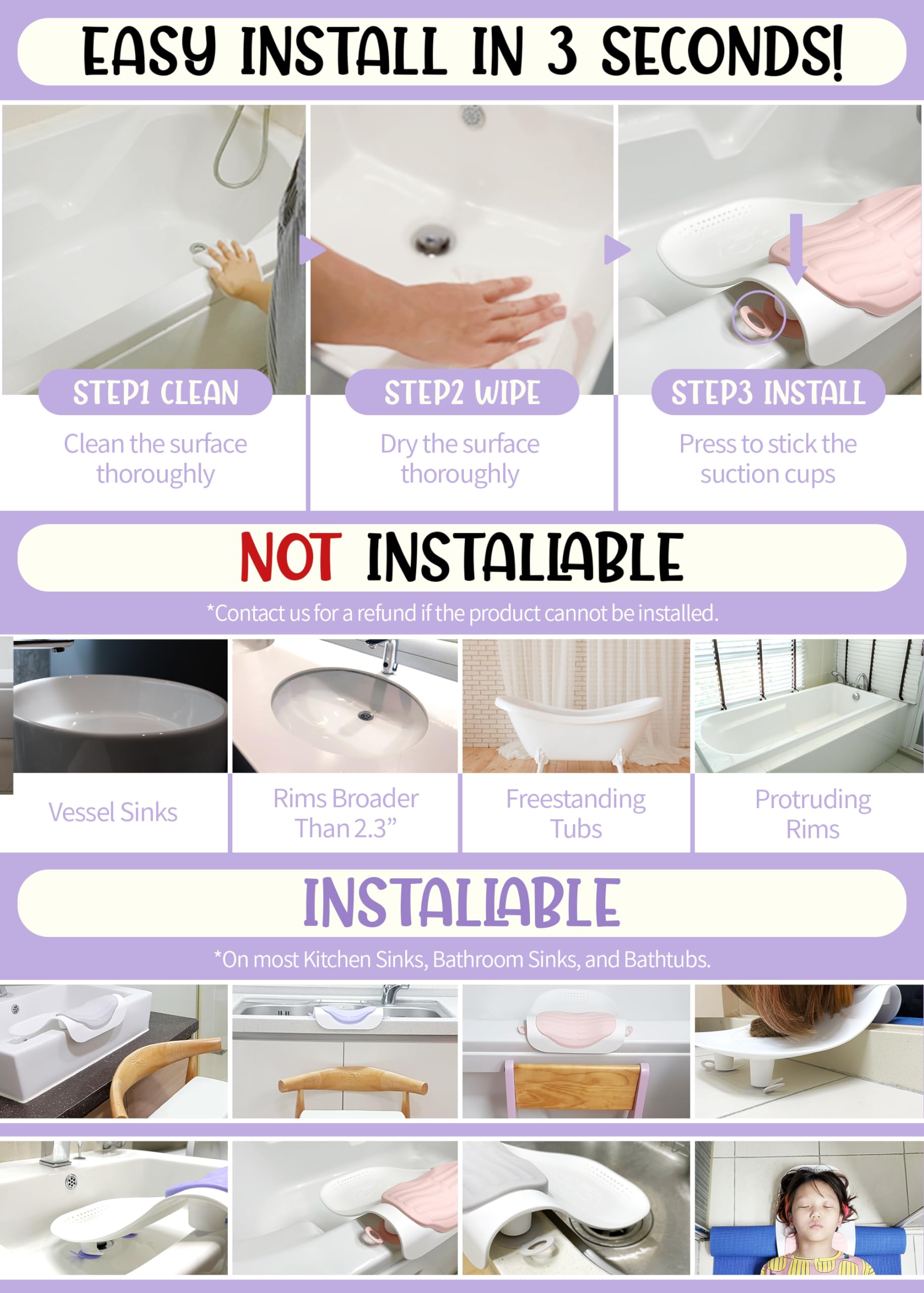 Toyture Portable Shampoo Bowl for Kids, Adults & Babies - Adjustable Hair Washing Basin with Neck Support - Tear-Free Bath Sink for Children & Toddlers - Perfect for Home Salon, Haircut & Spa (Violet)