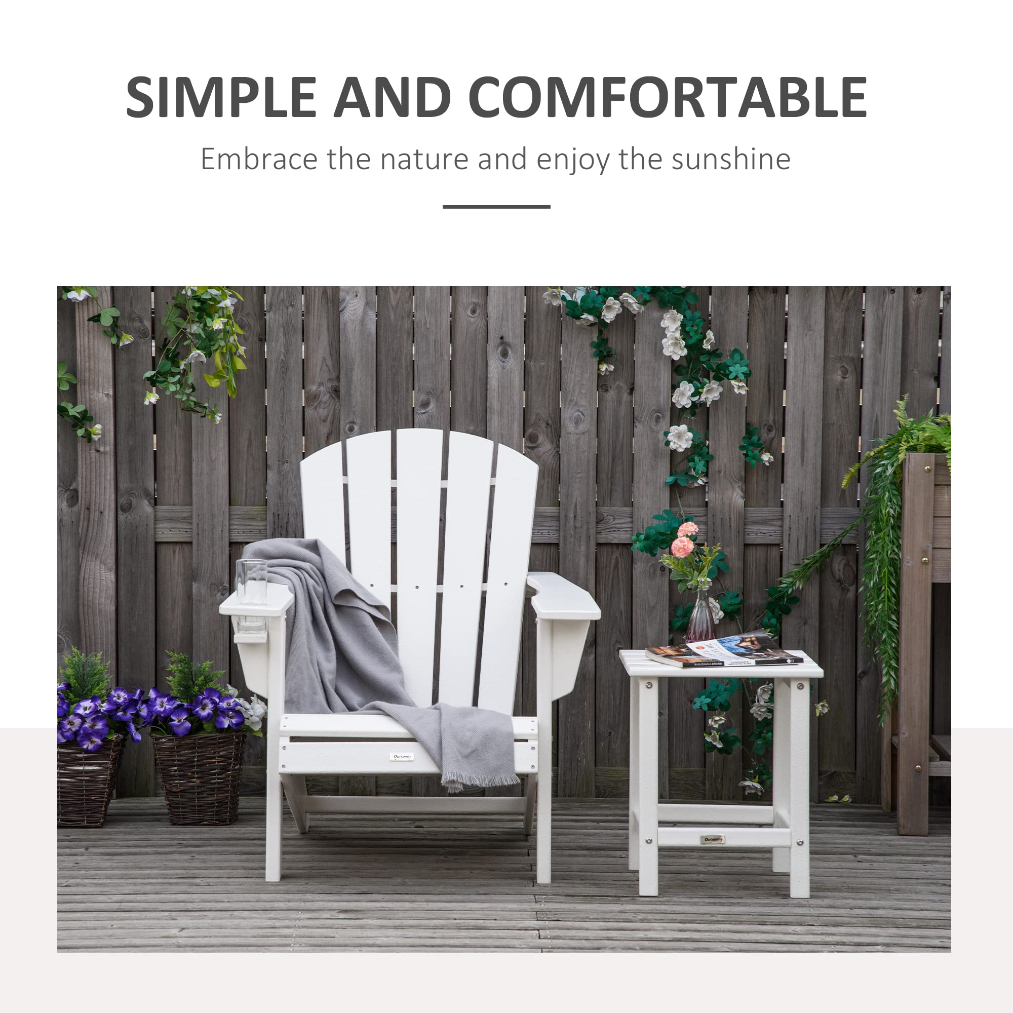 Outsunny White HDPE Adirondack Chair with Cup Holder - All-Weather Patio Lounger for Outdoor, Backyard, Garden, Deck & Lawn - Perfect for Fire Pit Seating, Relaxing & Entertaining Guests