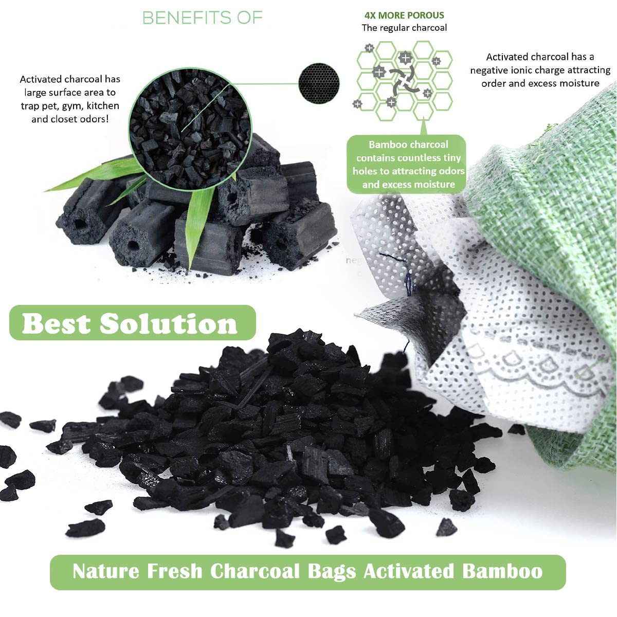 Activated Charcoal Bamboo Bags - Natural Odor Eliminator for Home, Car & Closet | 8-Pack in Green, Brown, Orange & Blue | Eco-Friendly Air Freshener for Shoes, Gym Bags & Pet Areas