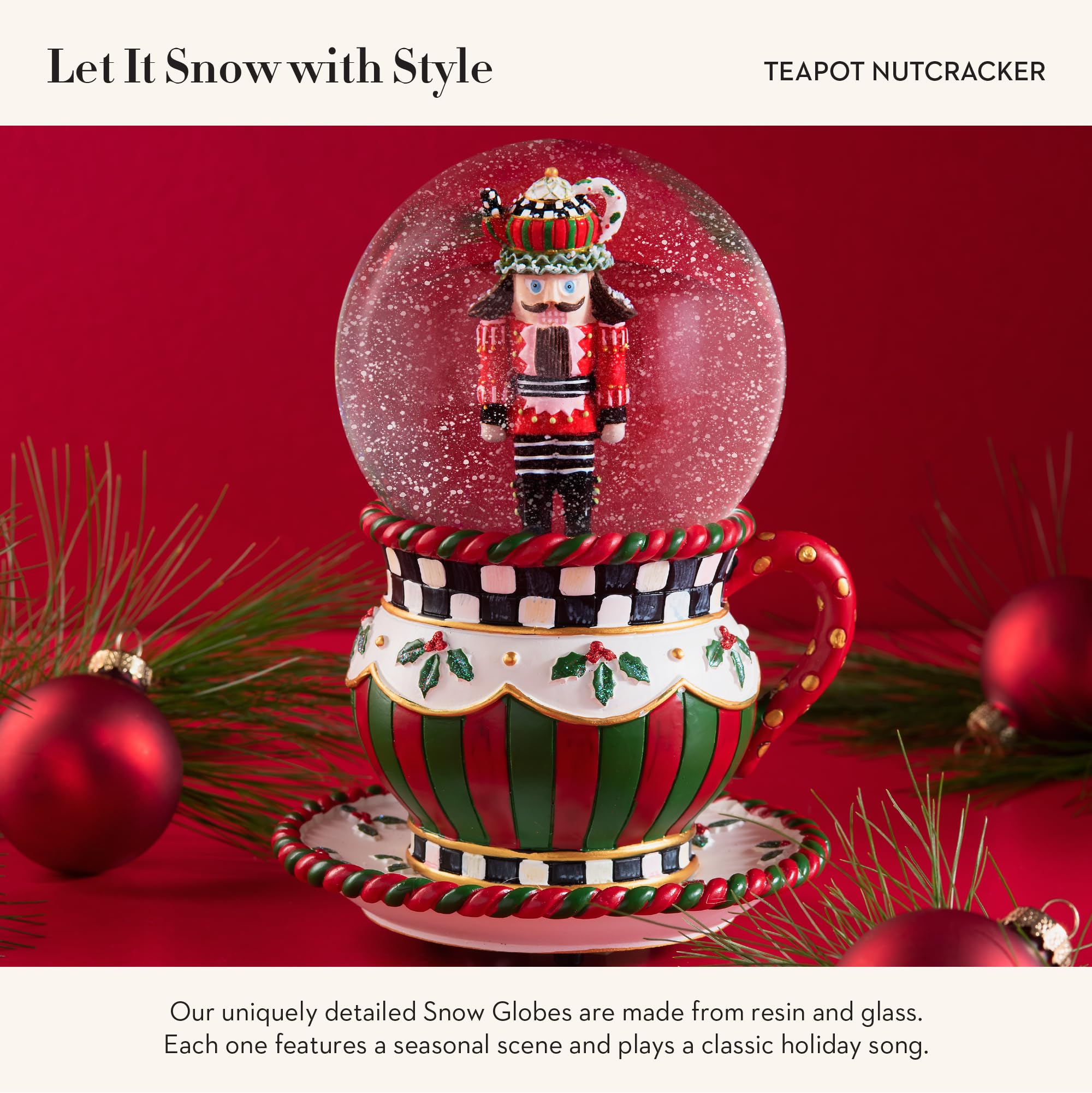 MacKenzie-Childs Snow Globe - Christmas Teapot Nutcracker Ornament for Holiday & Winter Home Decor - Perfect for Living Room, Mantel, and Gift Giving