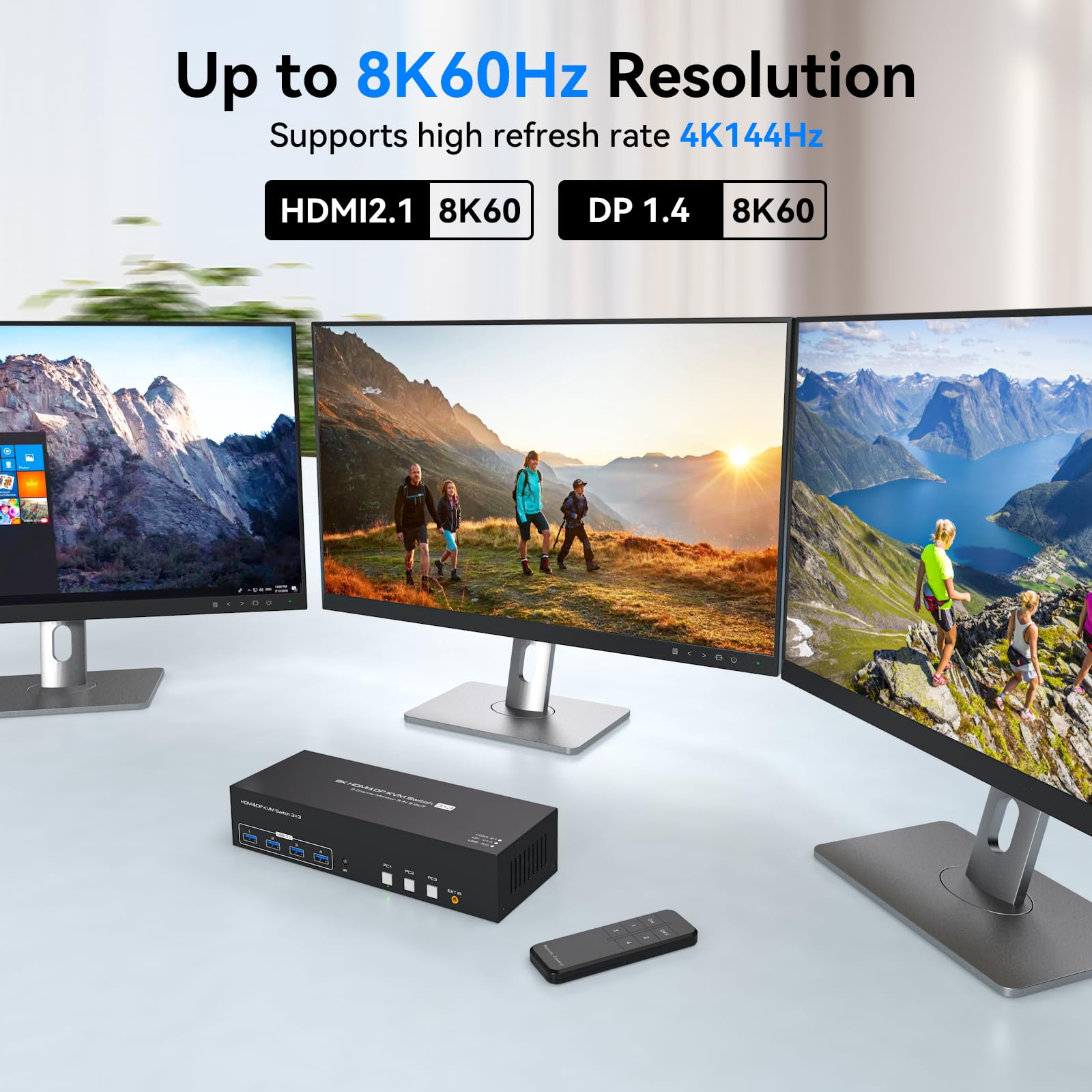 PVBCTCSID 8K 2 DisplayPort HDMI KVM Switch - 3 Monitors for 3 Computers, 4K 144Hz Triple Monitor KVM for 3 PCs, Share 3 Screens with 4 USB 3.0 Ports & Remote Control - Perfect for Gaming, Office Work & Multi-Tasking