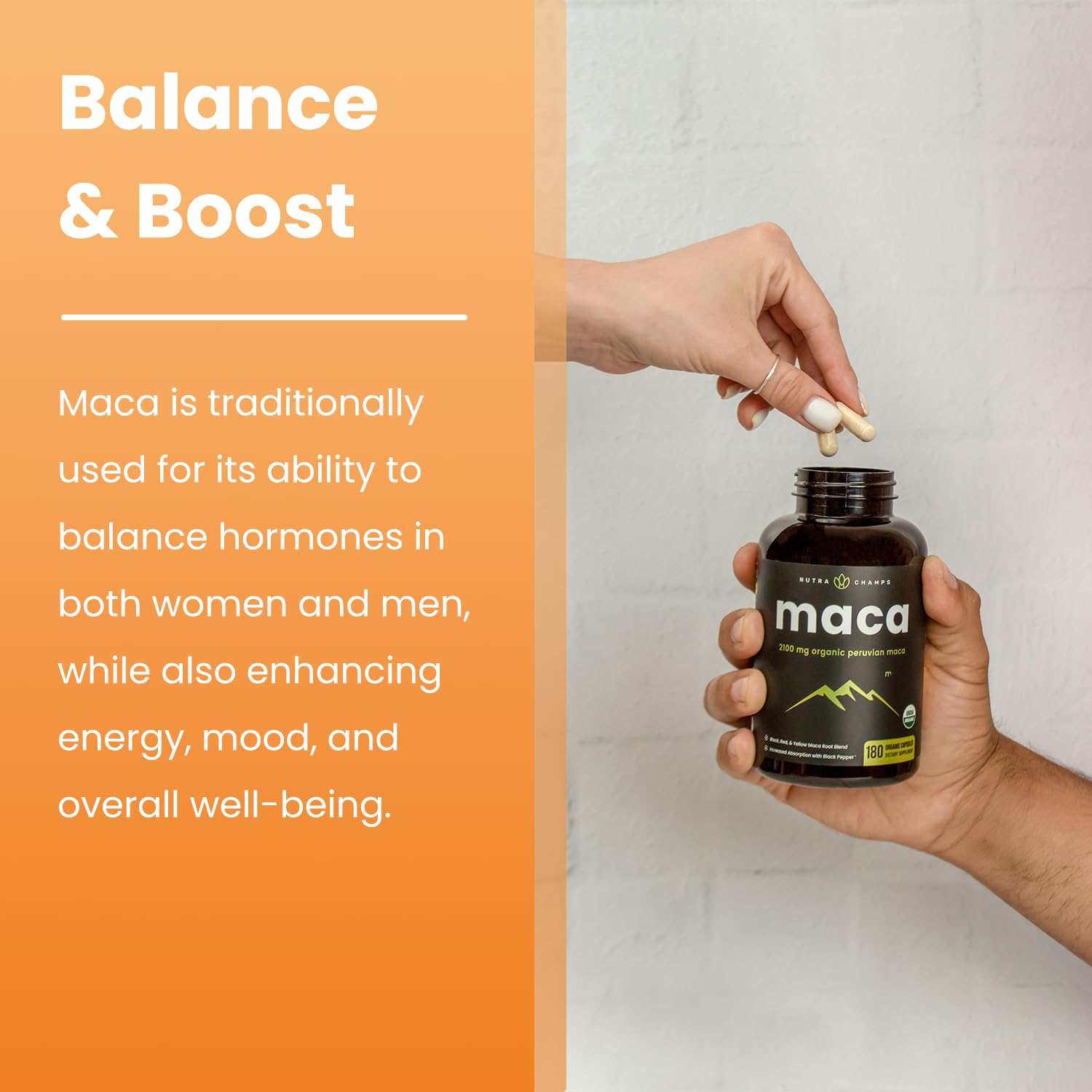 NutraChamps USDA Organic Maca Root Capsules 2100mg - 180 Count for Women & Men | Black, Red & Yellow Peruvian Gelatinized | Highest Potency Maca Powder Supplement | Energy, Hormone Balance & Libido Support