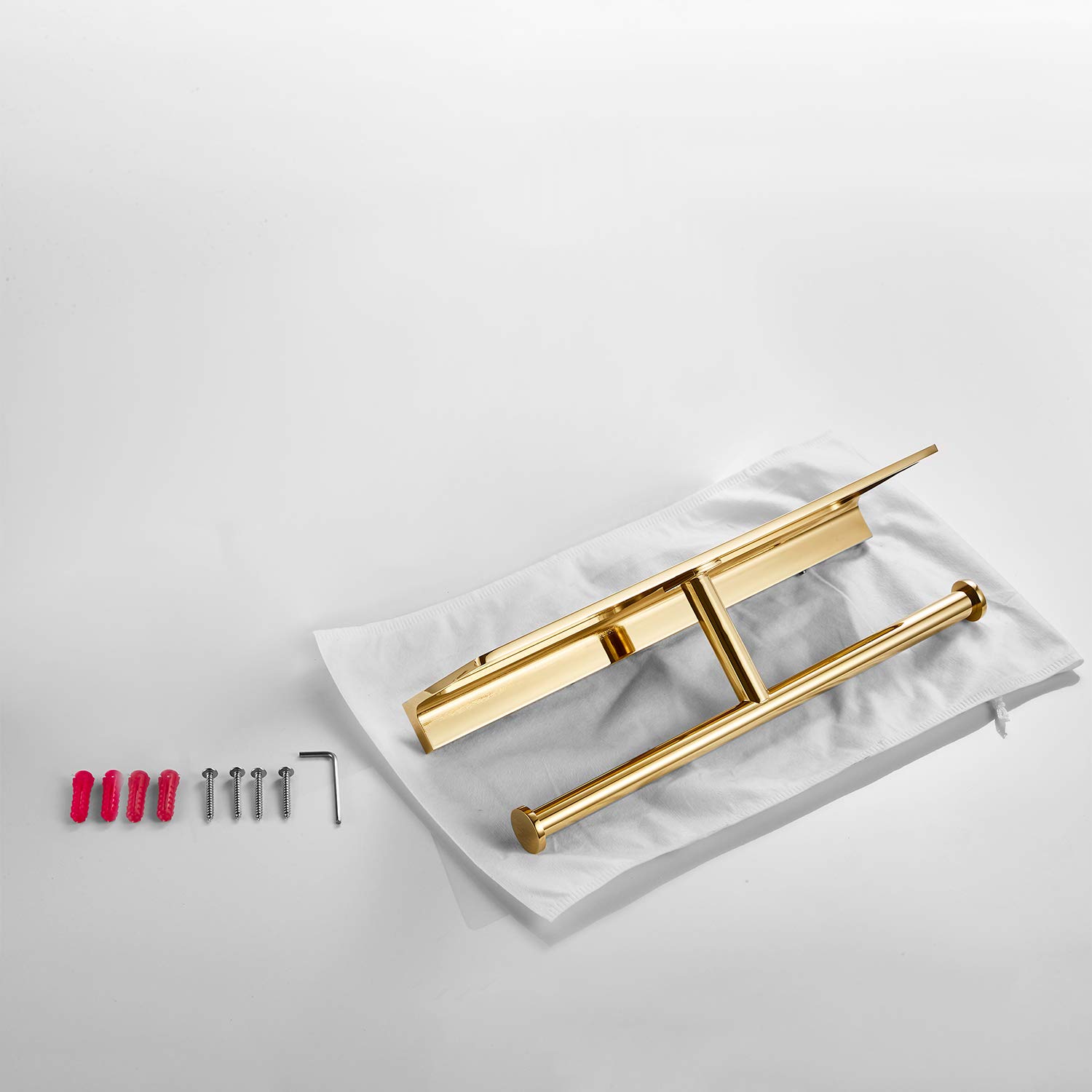 Double Roll Toilet Paper Holder with Shelf - Solid Brass Hotel Style Tissue Dispenser with Storage - Polished Gold Finish for Bathroom & Luxury Restrooms