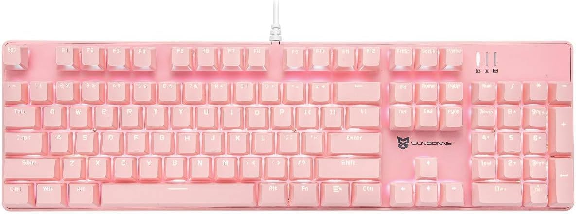 Qisan Mechanical Gaming Keyboard - Wired White Backlit Keyboard with Blue Switches, 104 Keys Full Size US Layout (Pink) | Perfect for PC Gaming, Office Work & Typing Enthusiasts
