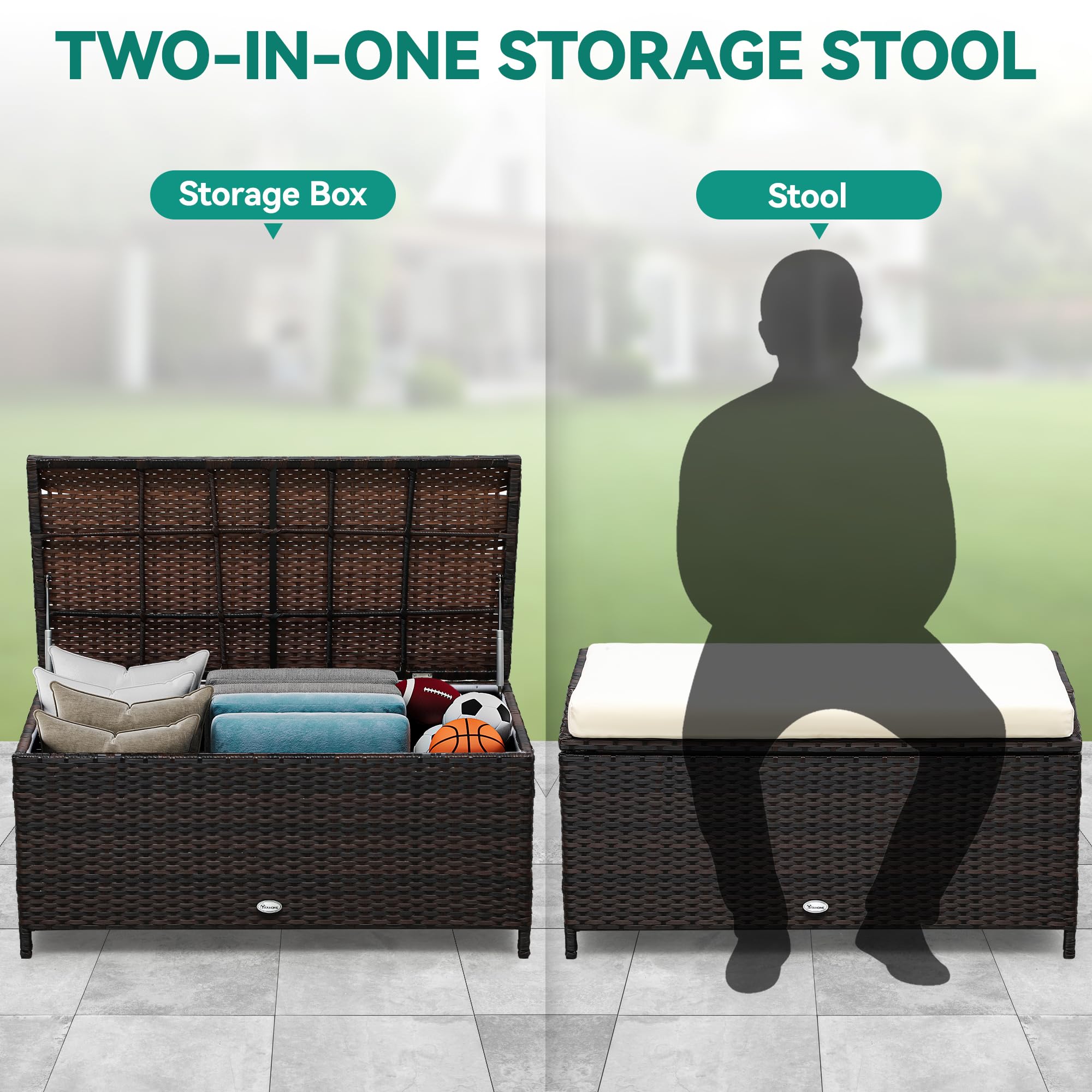YITAHOME Large Outdoor Wicker Storage Bench Deck Box - PE Rattan Patio Furniture with Convenient Handles & Soft Cushion - Perfect for Patio, Garden, Yard, Lawn, and Outdoor Storage Organization