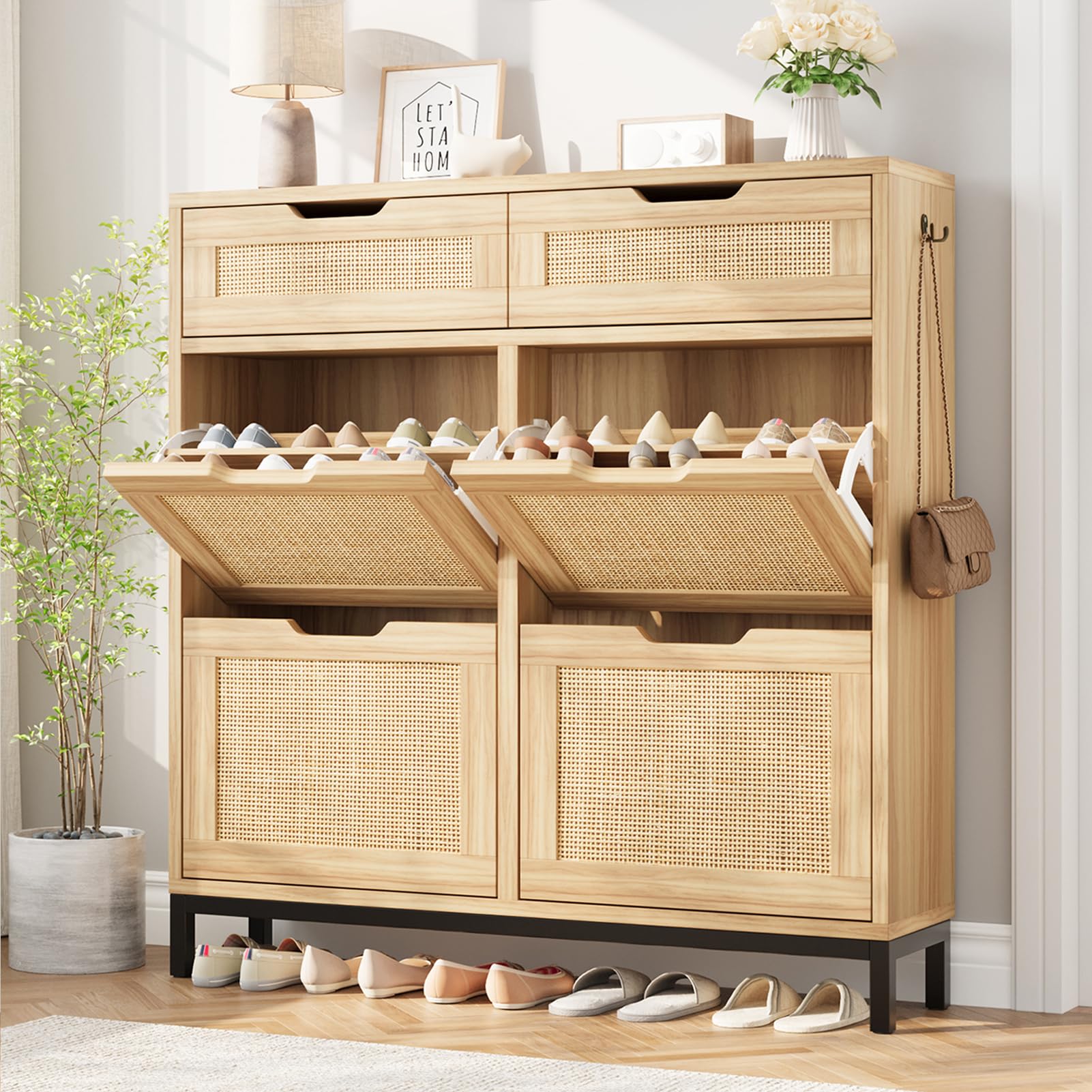 Boho Rattan Shoe Storage Cabinet with 4 Flip Drawers - Narrow Free Standing Wooden Shoe Organizer for Entryway, Hallway & Foyer - Hidden Shoe Storage Solution for Small Spaces (Wood, 4 Drawers) - Perfect for Apartments, Dorms and Clutter-Free Home Organization