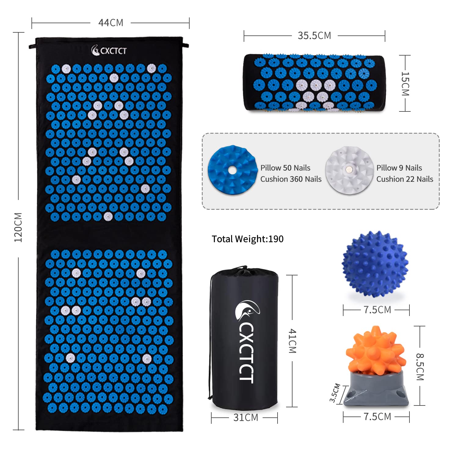 Extra Long Yoga Acupressure Mat Set - Large Magnetic Massage Mat with Neck Pillow for Back Pain Relief & Relaxation | Perfect for Home Yoga, Meditation, and Stress Relief (Blue)