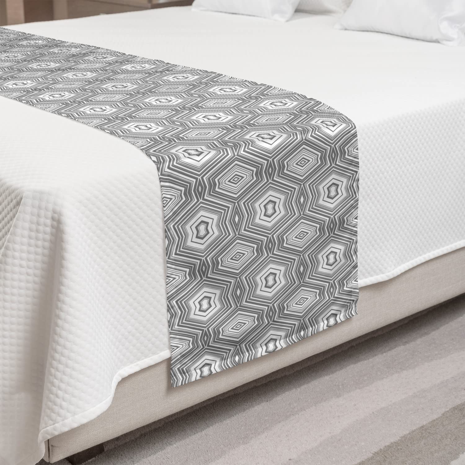 Ambesonne Grey and White Bed Runner - Abstract Geometric Triangle Pattern Decorative Bedding Scarf for King Size Beds | Perfect for Hotels, Homes & Guest Rooms | Adds Stylish Accent to Bedroom Decor