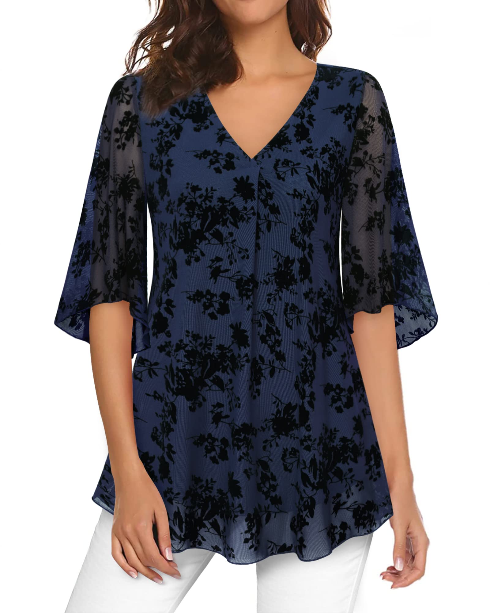Bebonnie Women's Floral Mesh Bell Sleeve V-Neck Blouse - Elegant Flowy Dressy Top for Work, Party & Date Night