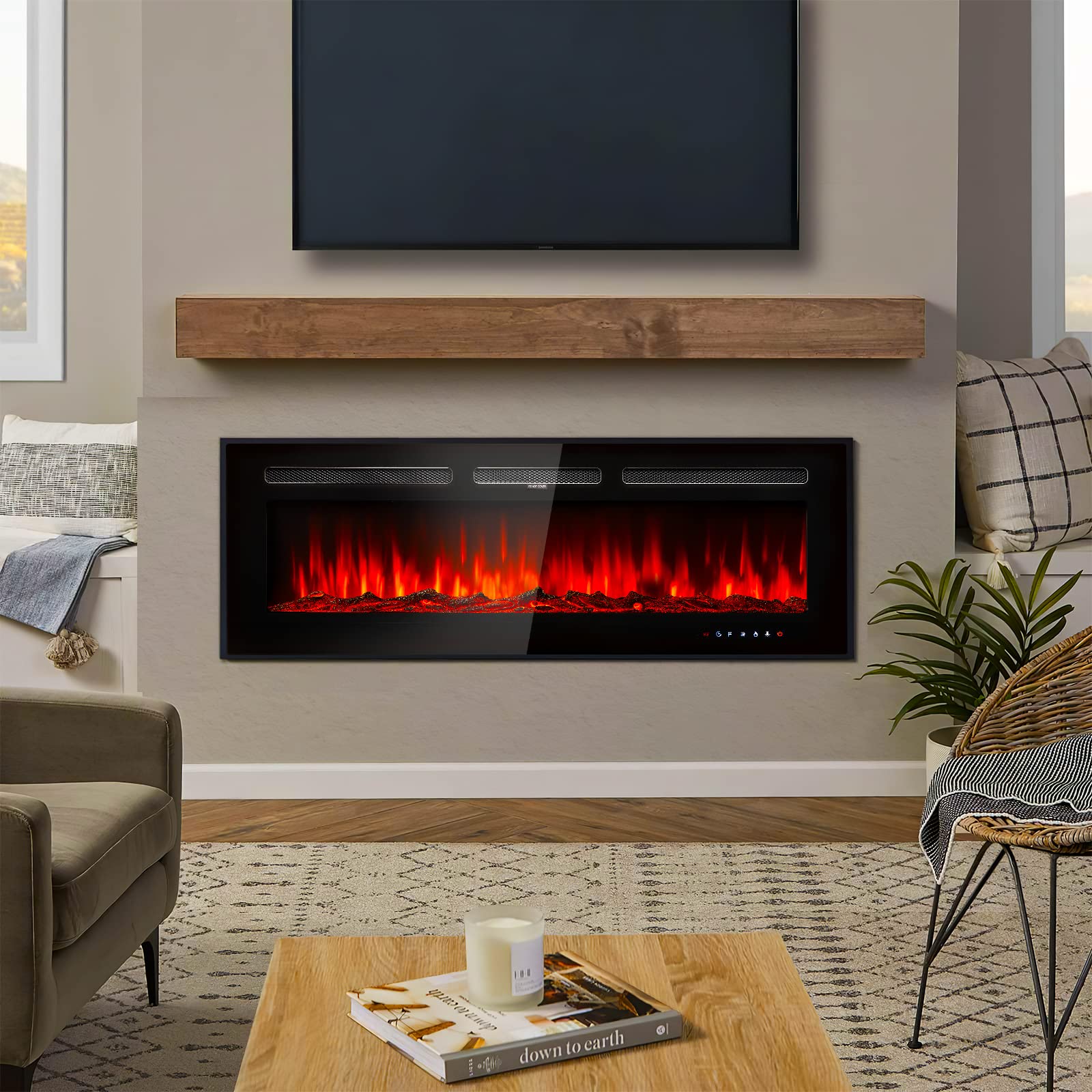 50 Inch Electric Fireplace with Remote & Touch Panel Control - Wall Mounted/Recessed, 12-Level Adjustable Flame Colors & Speed - Perfect for Living Room, Bedroom & Office Heating