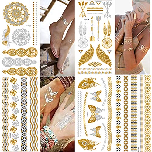 Metallic Temporary Tattoos for Women & Teens - 8 Sheets Gold Glitter Henna Tattoo Stickers with Shimmer Designs | Waterproof Fake Jewelry Tattoos for Parties, Festivals & Body Art Makeup