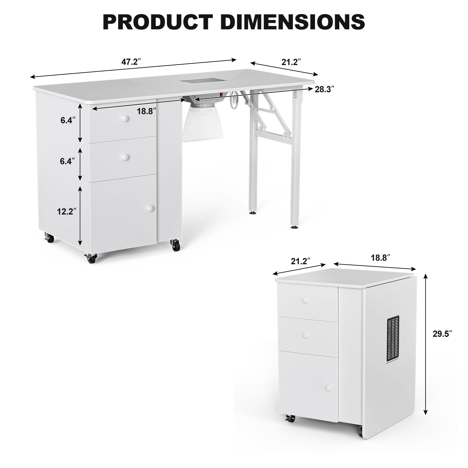 Foldable Manicure Table with Built-in Dust Collector - Adjustable Nail Desk for Professionals | Portable Rolling Nail Station with Wrist Support & Lockable Wheels | Perfect for Home Salons & Mobile Nail Technicians (White)