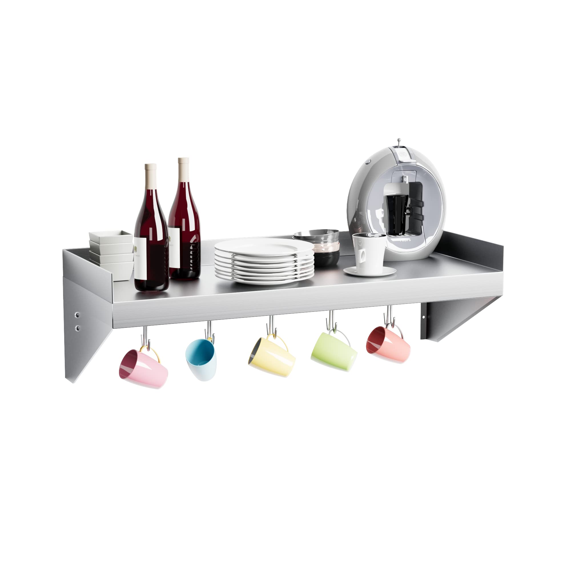 Stainless Steel Wall Shelf 48x12 Inches - Heavy Duty Commercial Metal Shelf with 5 Hooks & Backsplash for Restaurant, Kitchen, Bar, Laundry, Food Truck - Perfect for Storage & Organization in Commercial Spaces