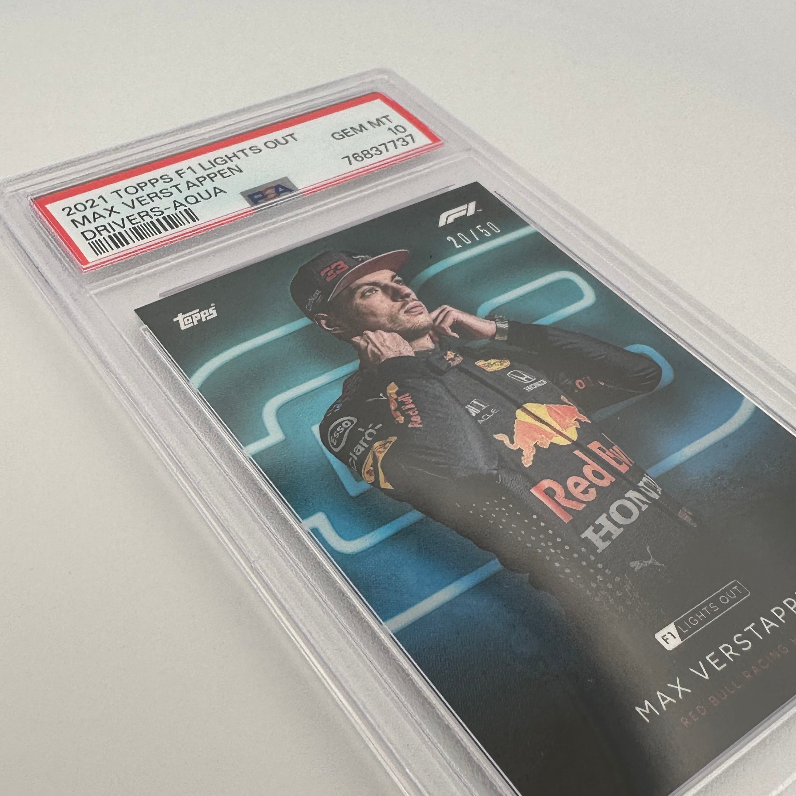 PSA 10 Graded 20/50 Max Verstappen Drivers Aqua - Rare F1 Racing Card for Collectors & Fans - Perfect for Display, Trading, and Investment