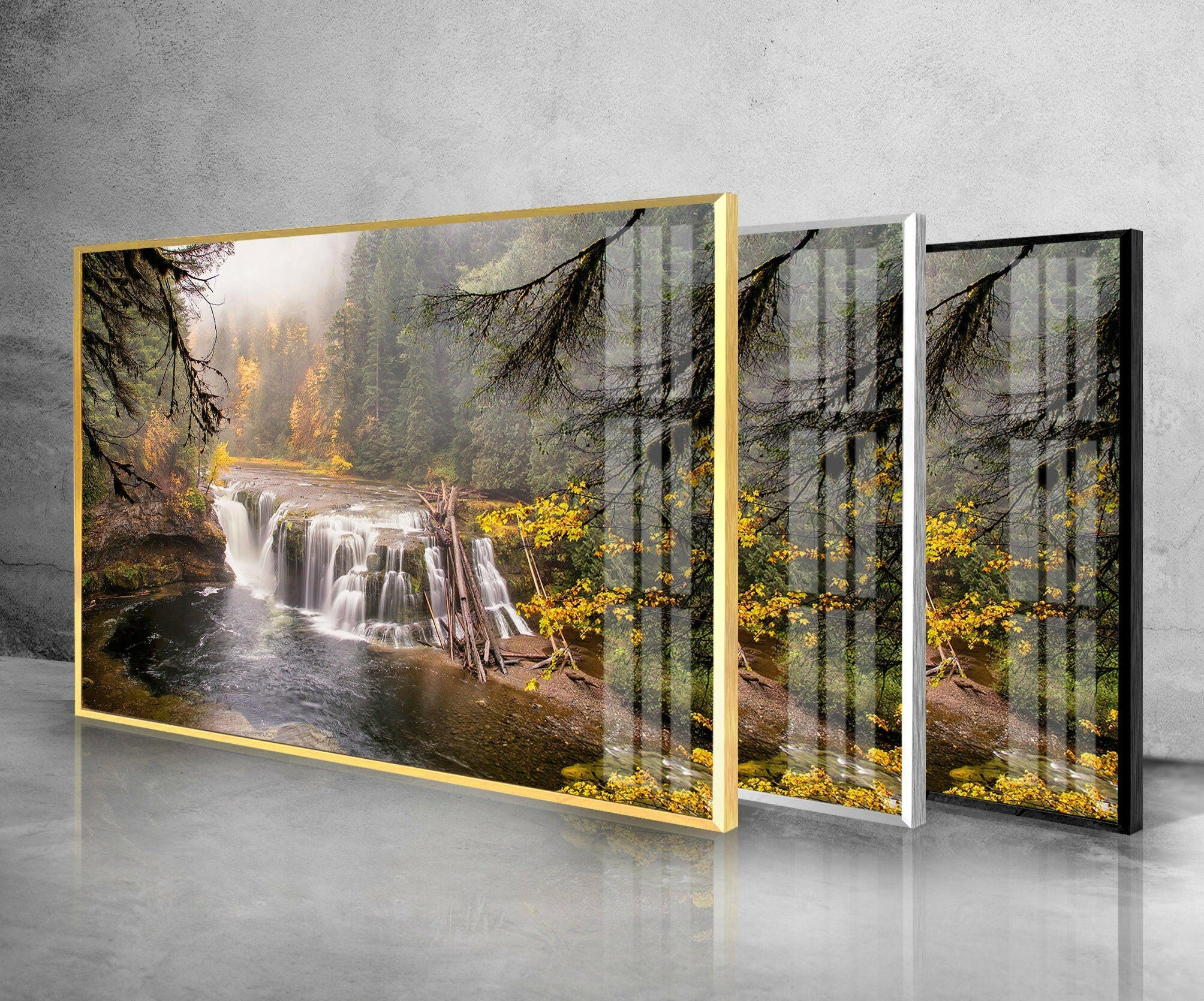 Autumn Waterfall Serenity Nature Wall Art - Stunning Landscape Glass Print for Home & Office Decor - Perfect for Living Room, Bedroom or Meditation Space