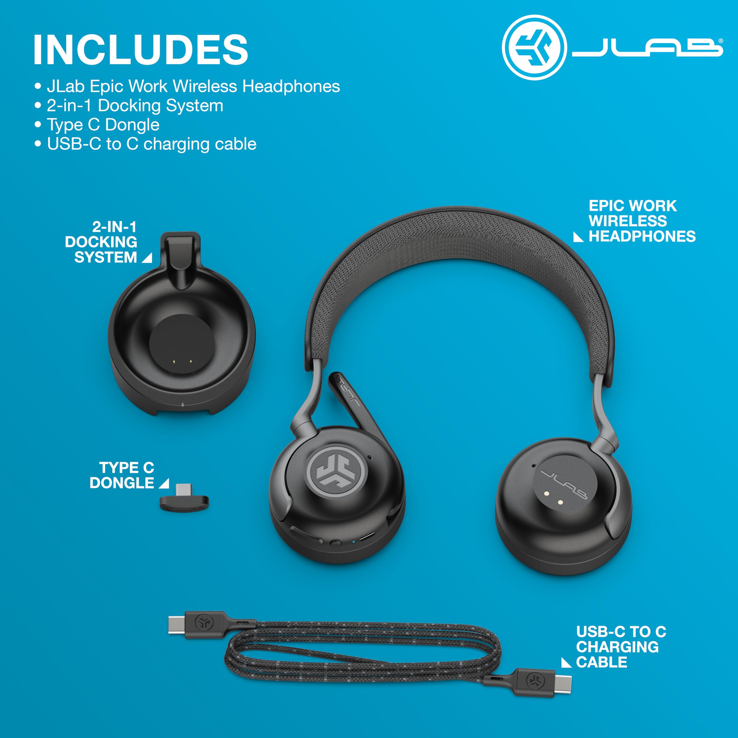 JLab Epic Work Wireless Bluetooth Headphones with Microphone - Active Noise Cancelling Headset, 90+ Hours Playtime, Charging Hub, Multipoint Connectivity for PC/Laptop/Mobile - Perfect for Office, Commuting & Remote Work (1 Pack)