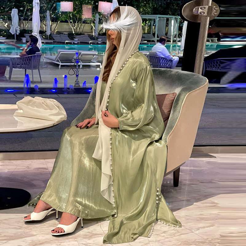 Elegant Hand-Stitched Beaded Muslim Abaya Dress with Inner Sleeveless Layer - Modest Islamic Women's Cardigan Open Dress for Prayer, Wedding & Special Occasions