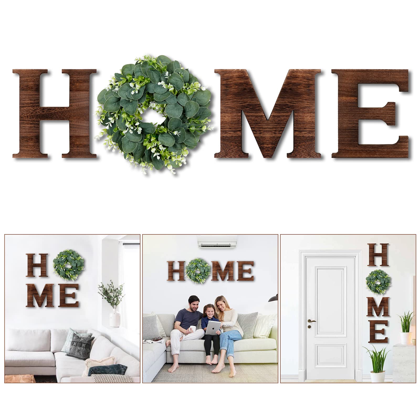 Rustic Wood Wall Decor with Eucalyptus Wreath - Farmhouse Style for Living Room & Kitchen