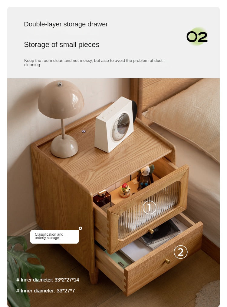 Solid Oak Wood Nightstand with Built-in LED Light - Modern Bedside Table for Bedroom, Living Room, or Office
