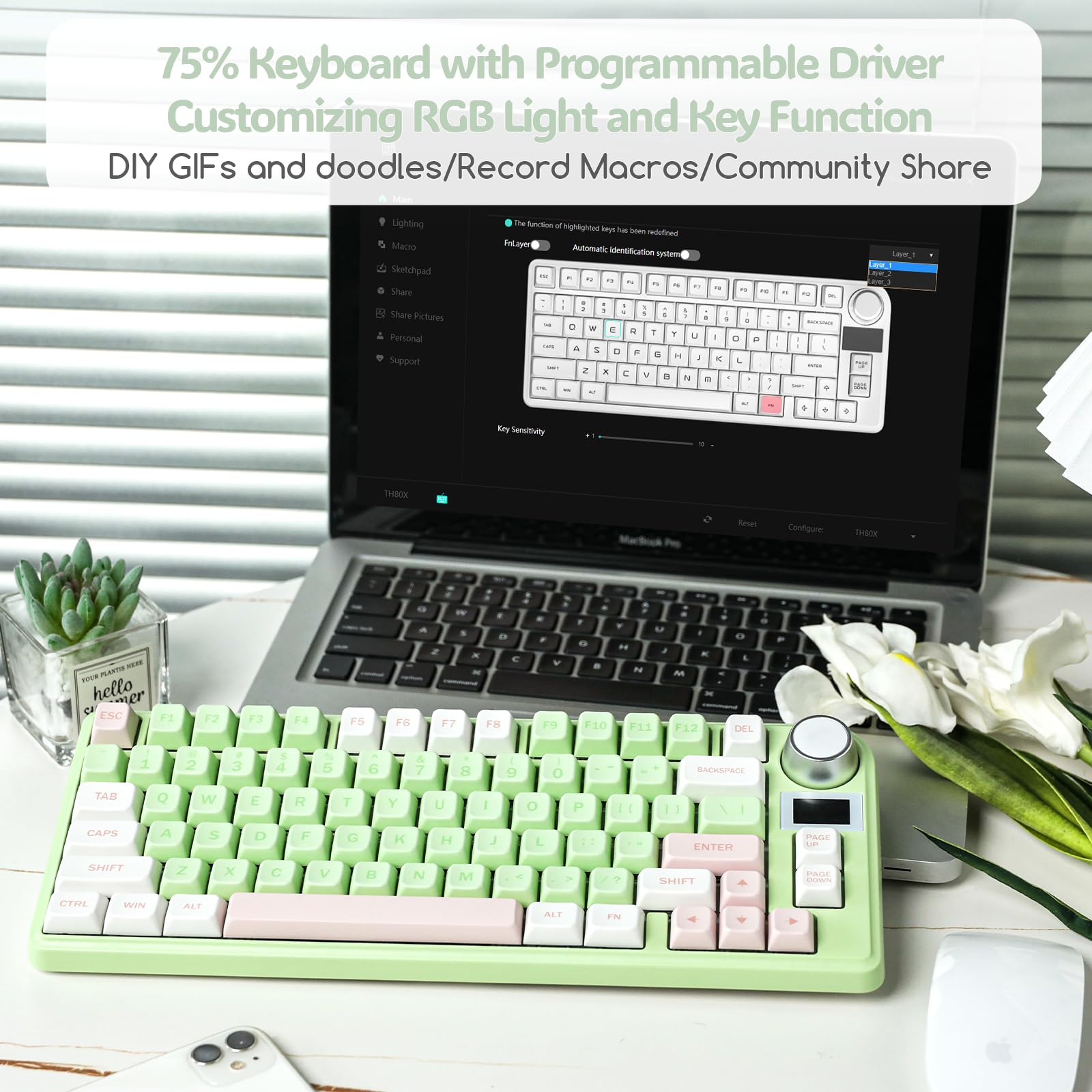 EPOMAKER TH80-X 75% Hot-Swap Mechanical Keyboard - RGB, LCD, 4000mAh for Gaming & Office (Green/Wisteria Switch)